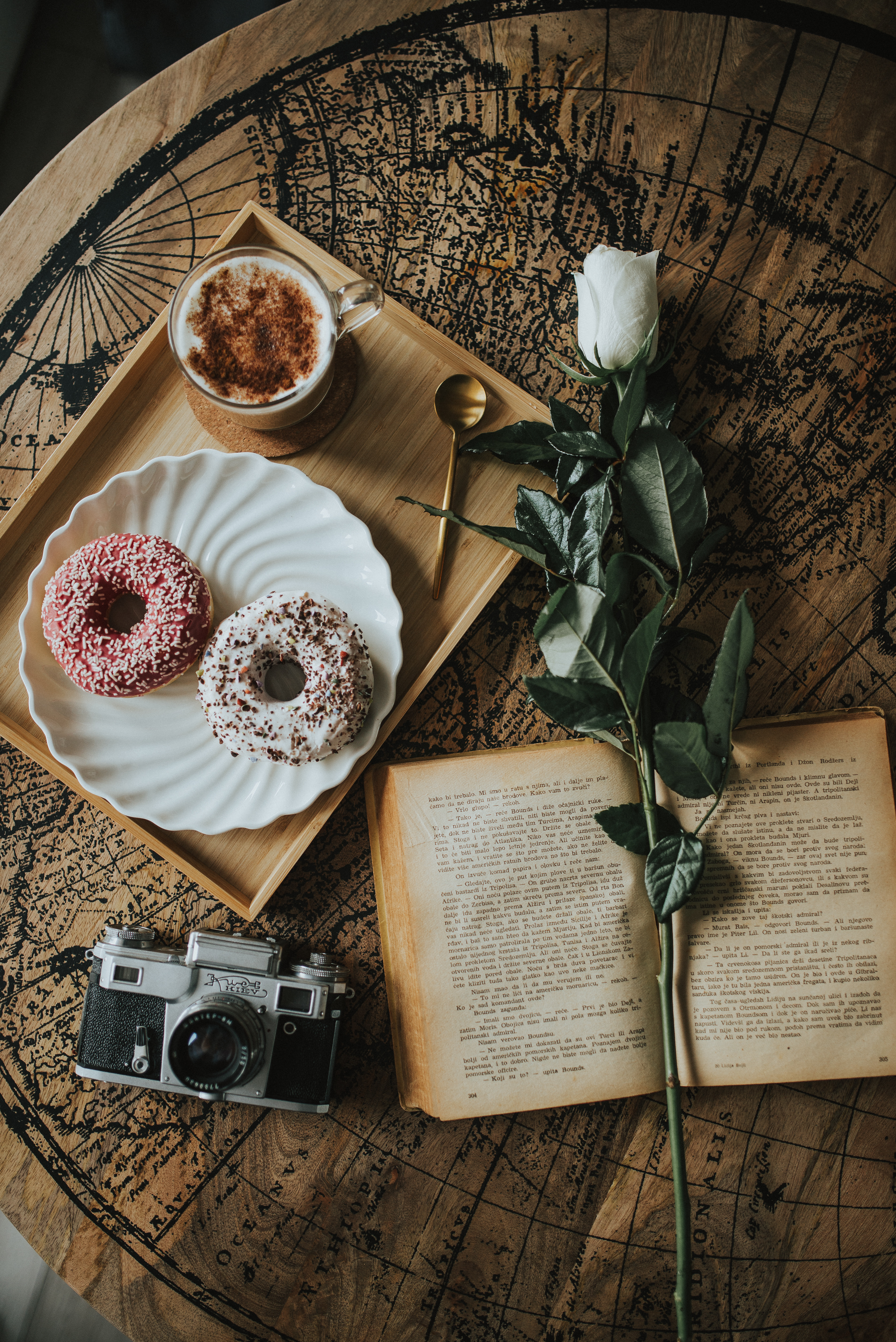 53218 download wallpaper coffee, flower, miscellanea, miscellaneous, cup, book, camera, donuts screensavers and pictures for free