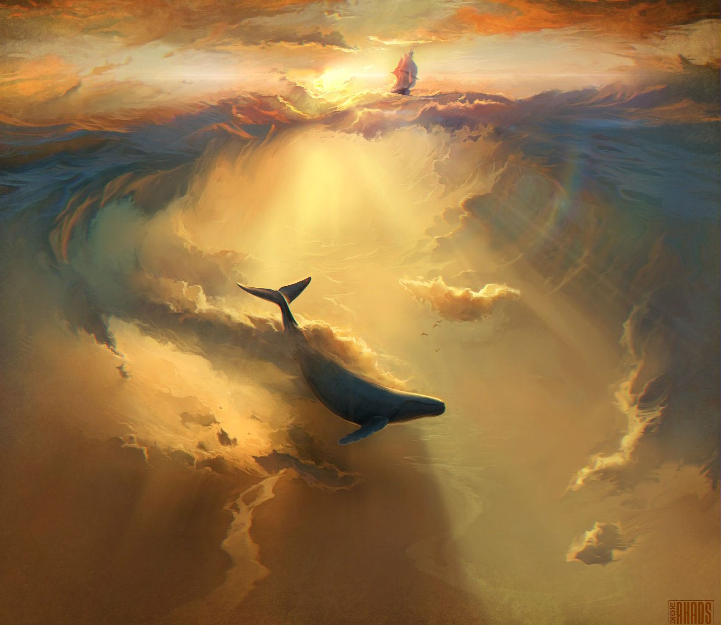 vertical wallpaper art, sea, underwater world, dolphin, shark