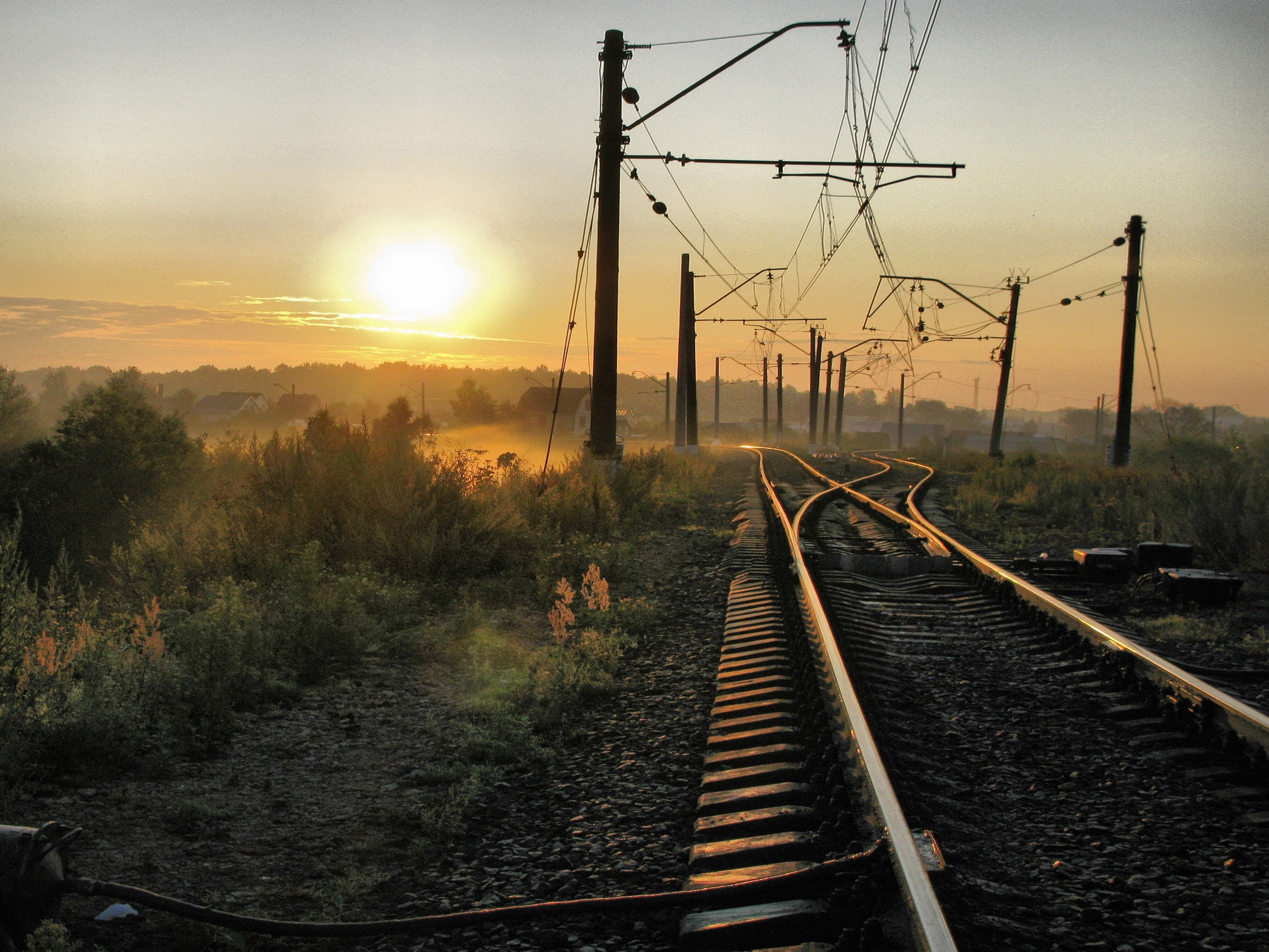 evening, pillars, rails, railway Wires Cellphone FHD pic