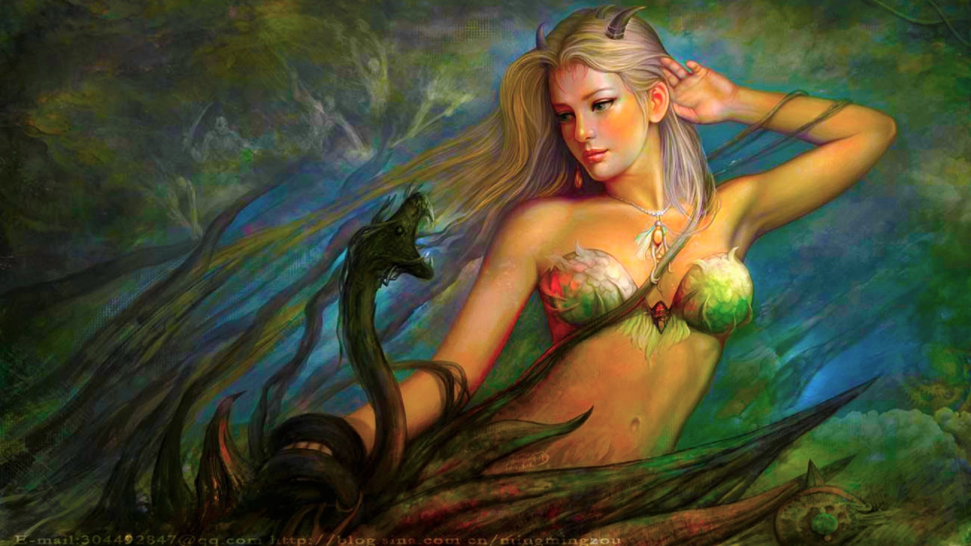 women, horns, snake, fantasy Free HD pic