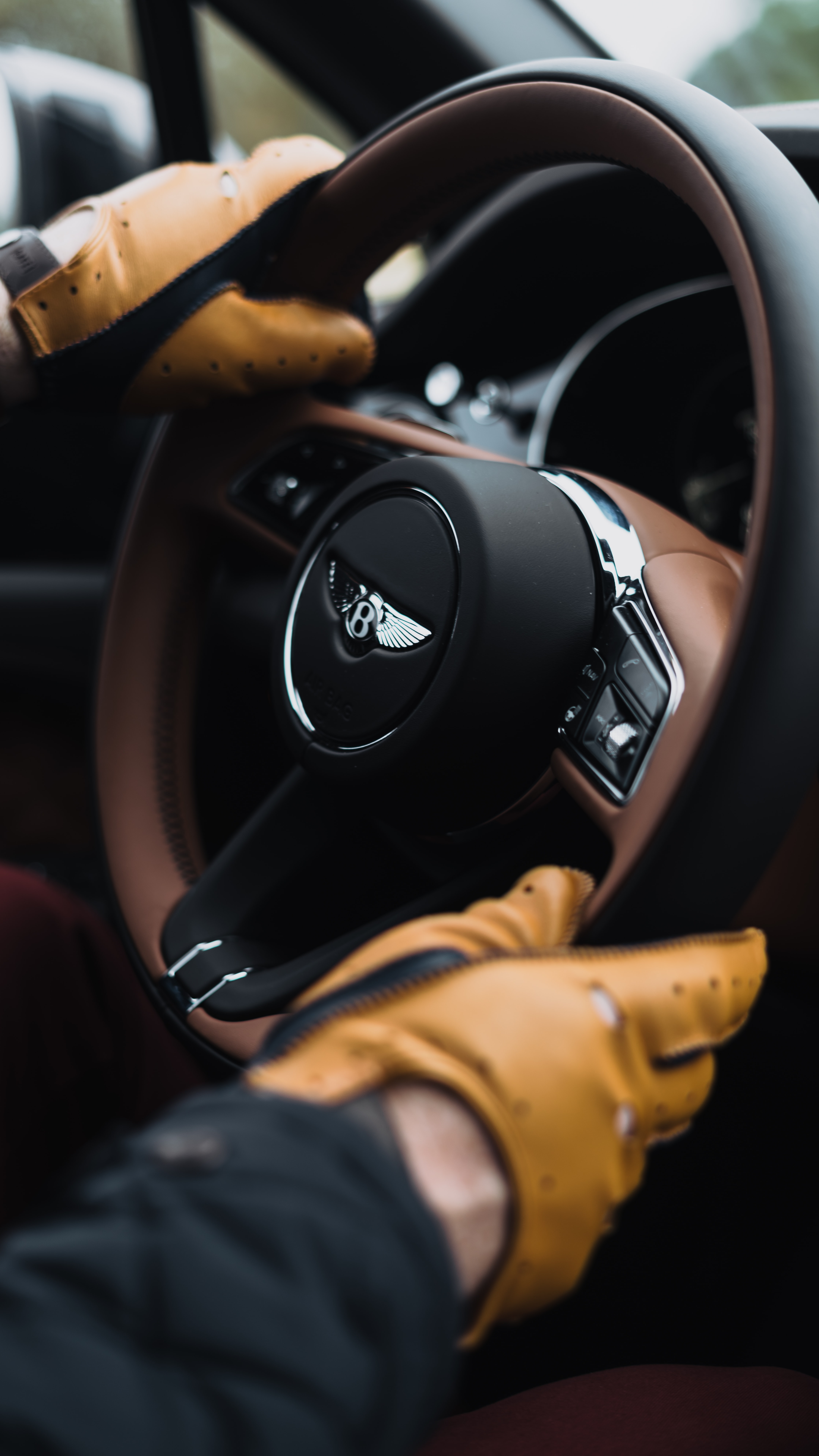 125840 Screensavers and Wallpapers Bentley for phone. Download bentley, cars, car, hands, steering wheel, rudder, gloves pictures for free
