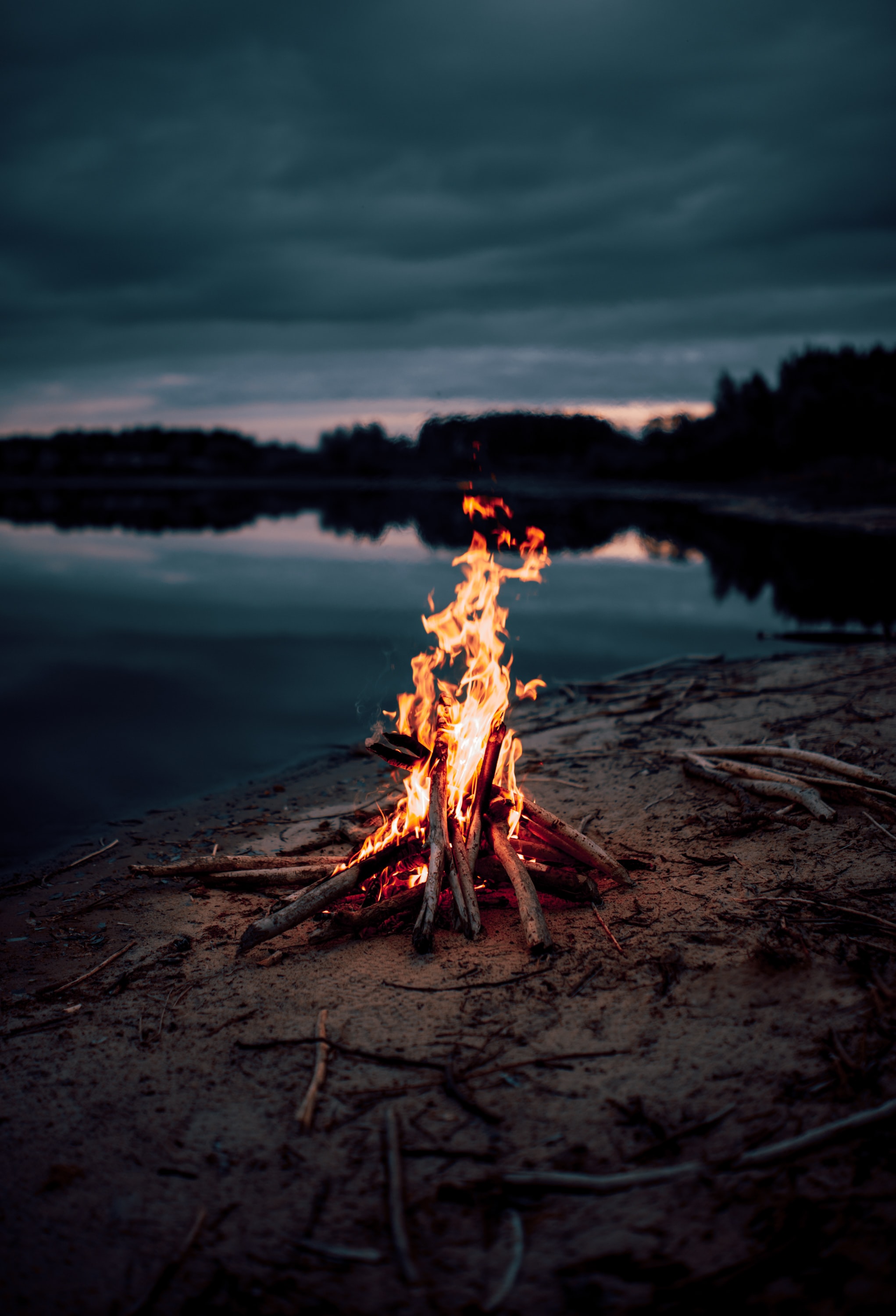dark, fire, bonfire, water, coast, flame QHD