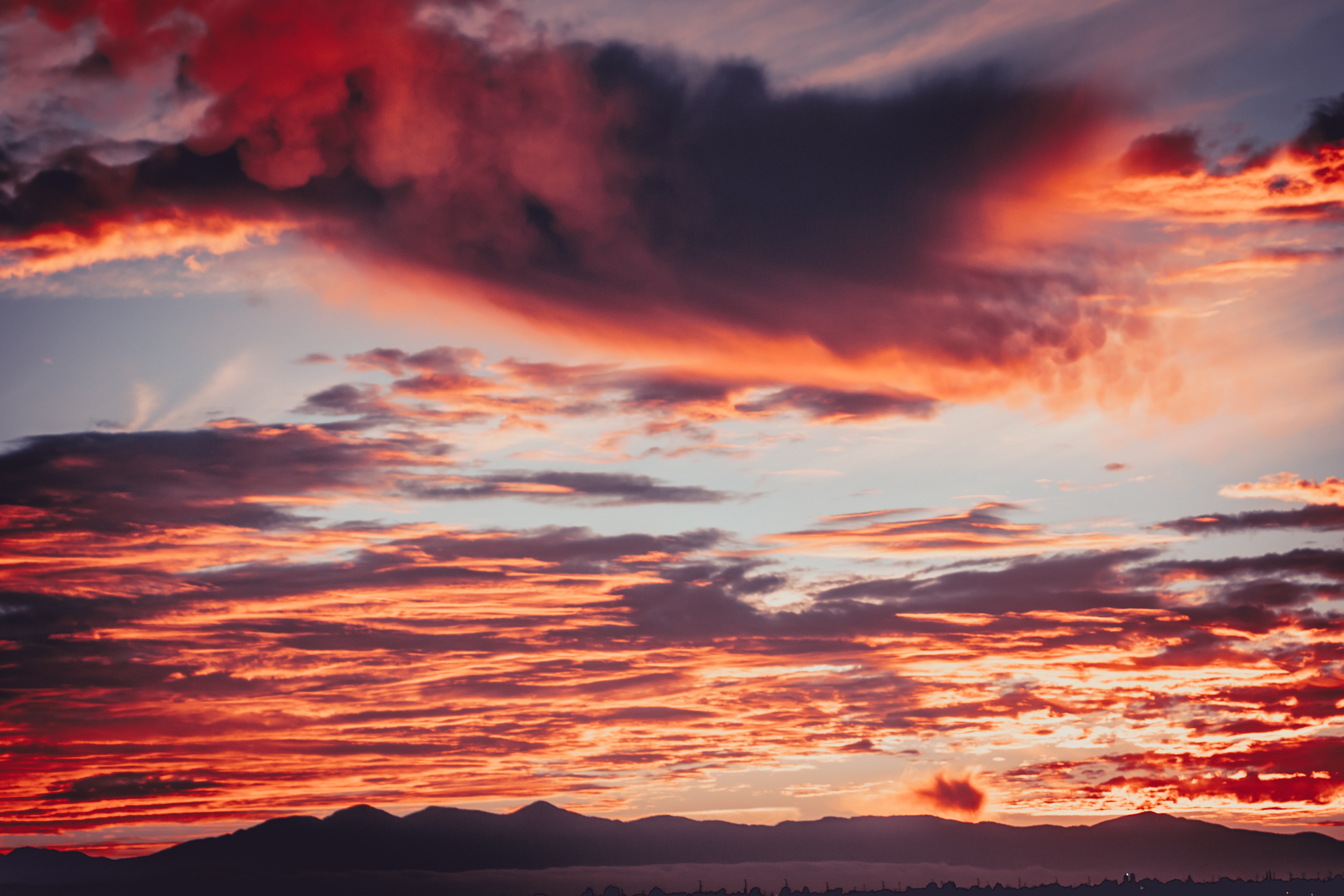 nature, sunset, mountains, clouds, red, fiery