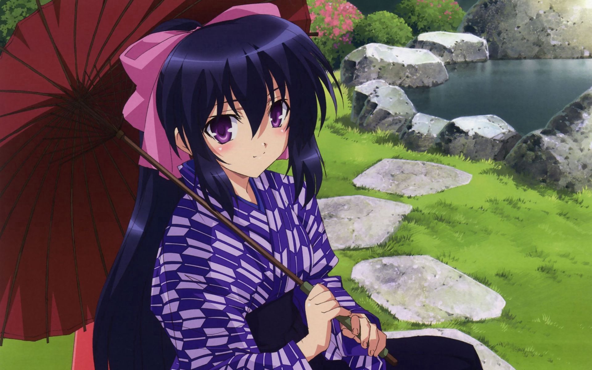 55722 Hintergrundbild herunterladen anime, mädchen, regenschirm, kimono, brünette - Bildschirmschoner und Bilder kostenlos