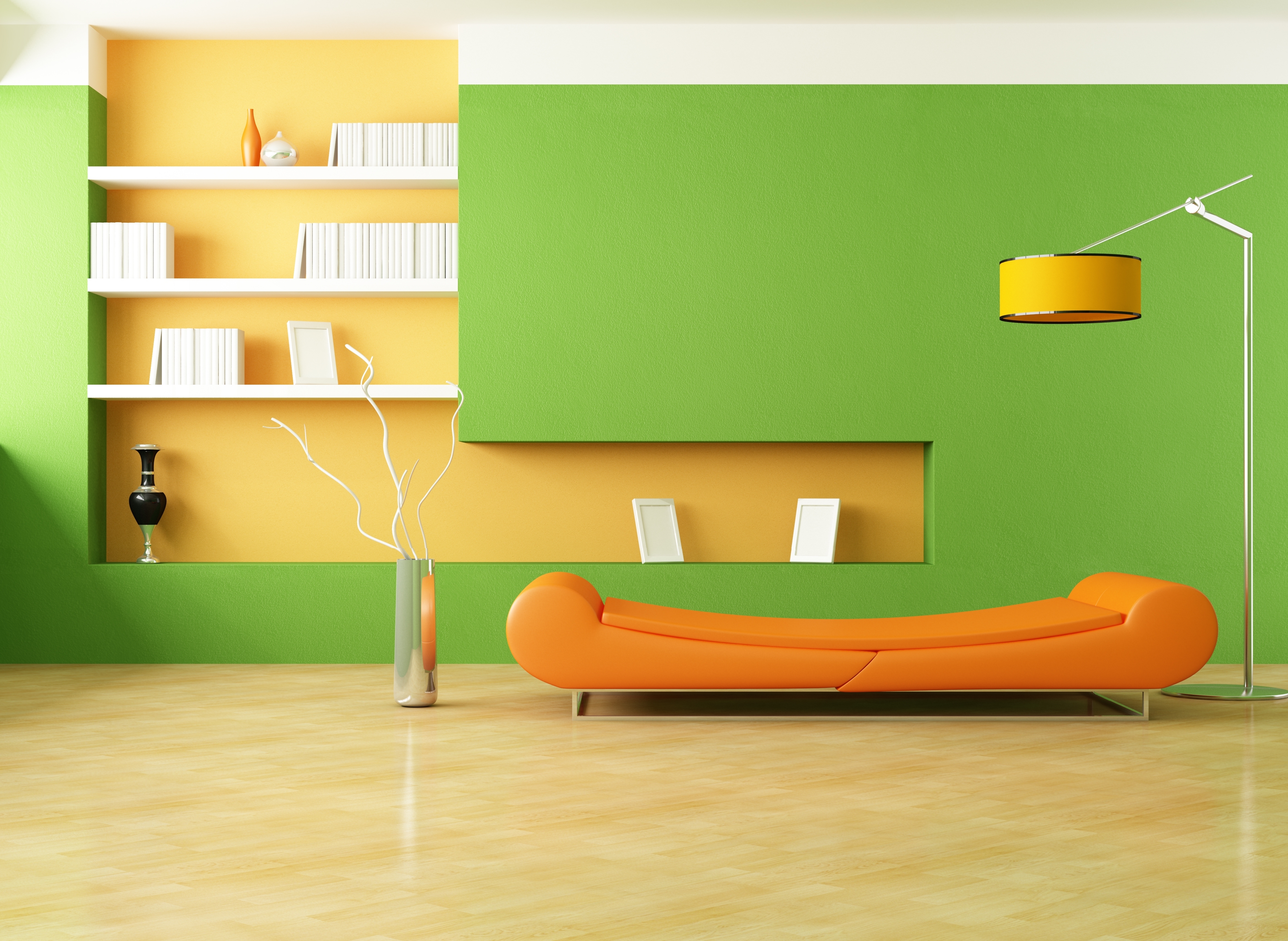 room, orange, minimalism, interior, miscellanea, miscellaneous, design, lamp, style, sofa, vases