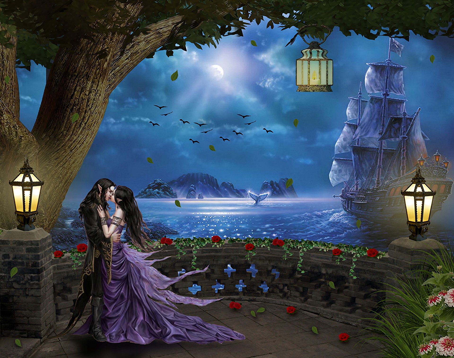 couple, fantasy, elf, dancing, flower, lantern, night, ocean, sailboat, tree wallpapers for tablet