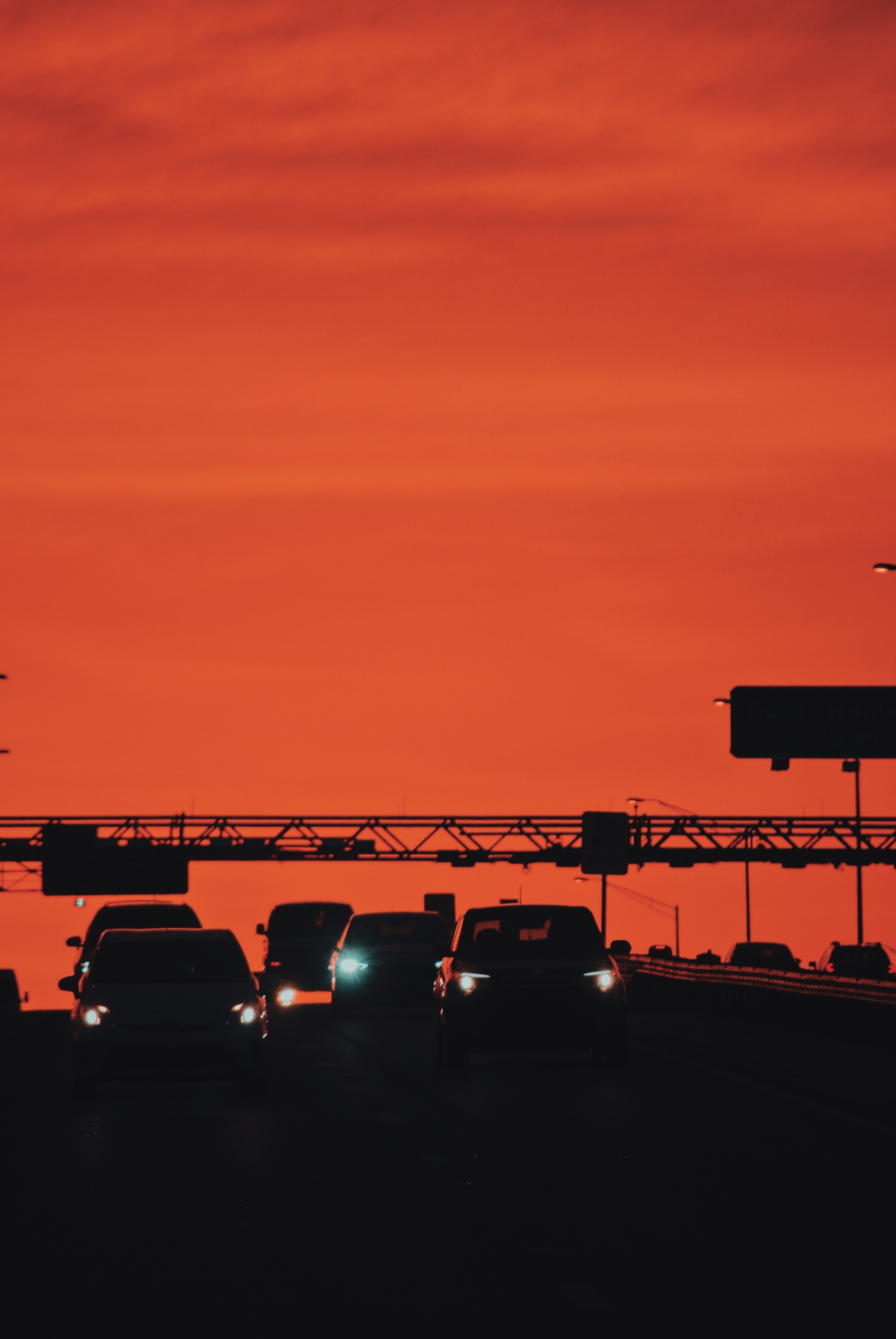 transport, dark, sunset, cars, lights, headlights HD wallpaper