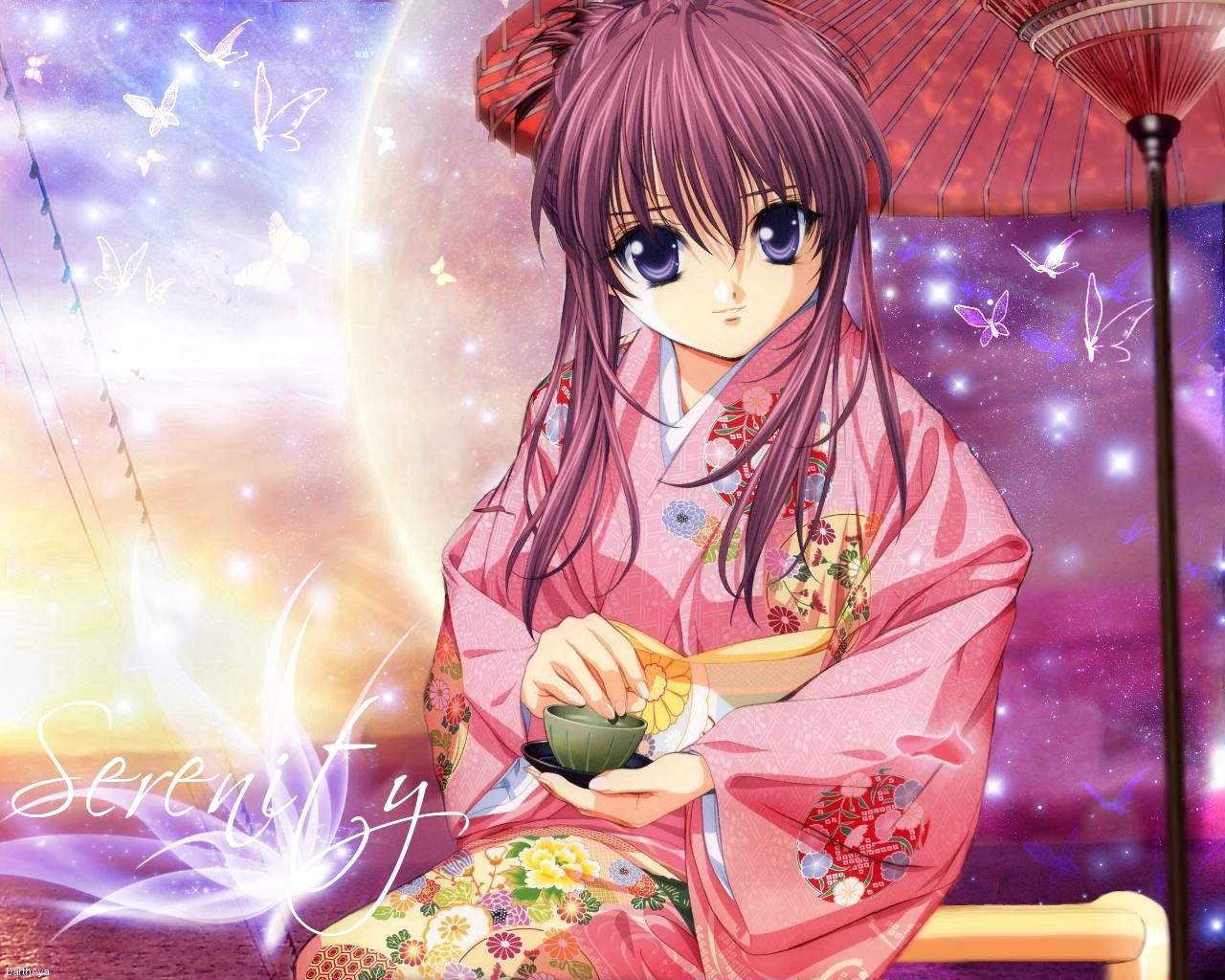 Kimono anime, smile, girl Lock Screen