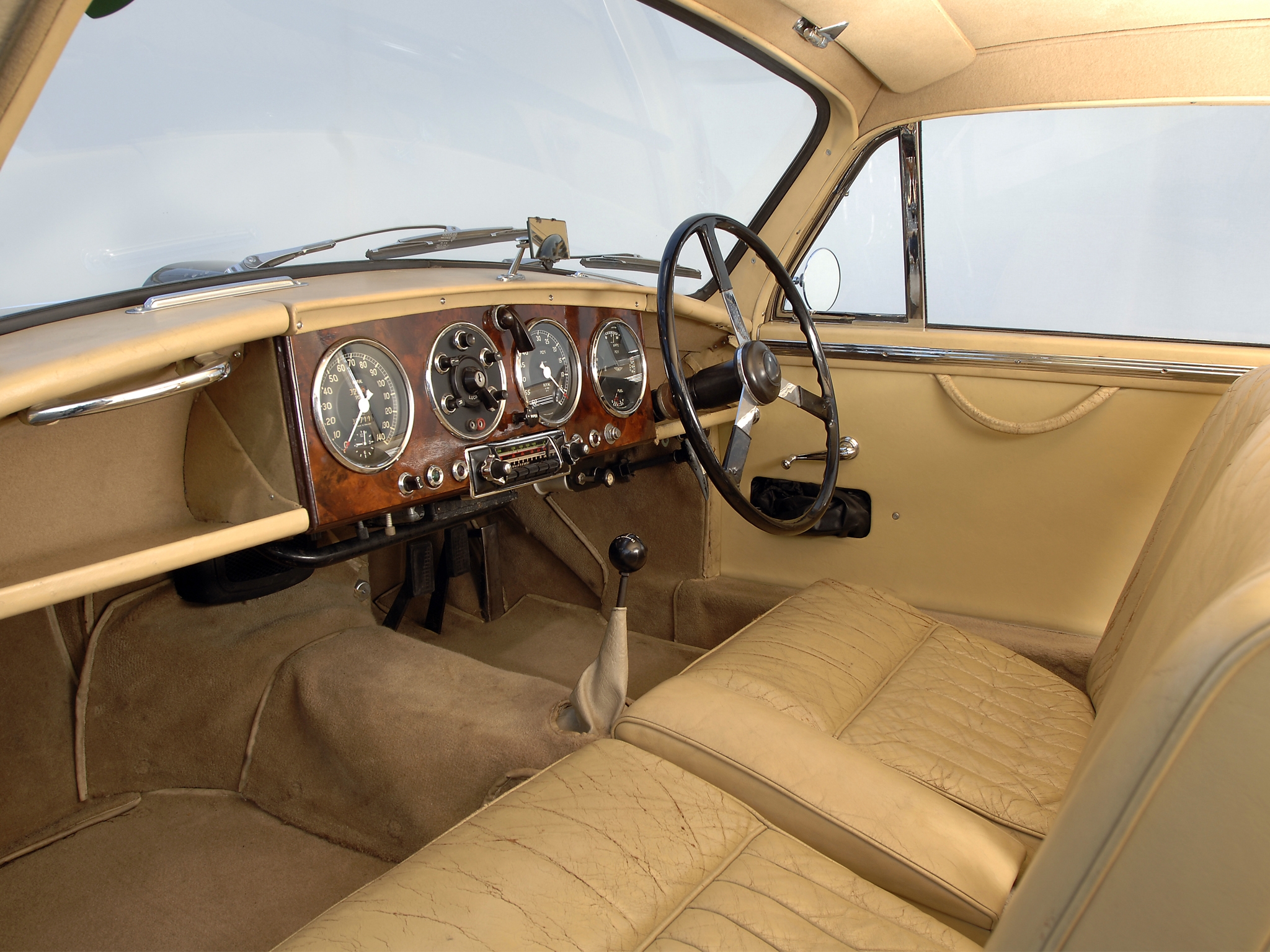 Mobile wallpaper steering wheel, 1950, salon, retro, aston martin, beige, rudder, cars, interior, speedometer