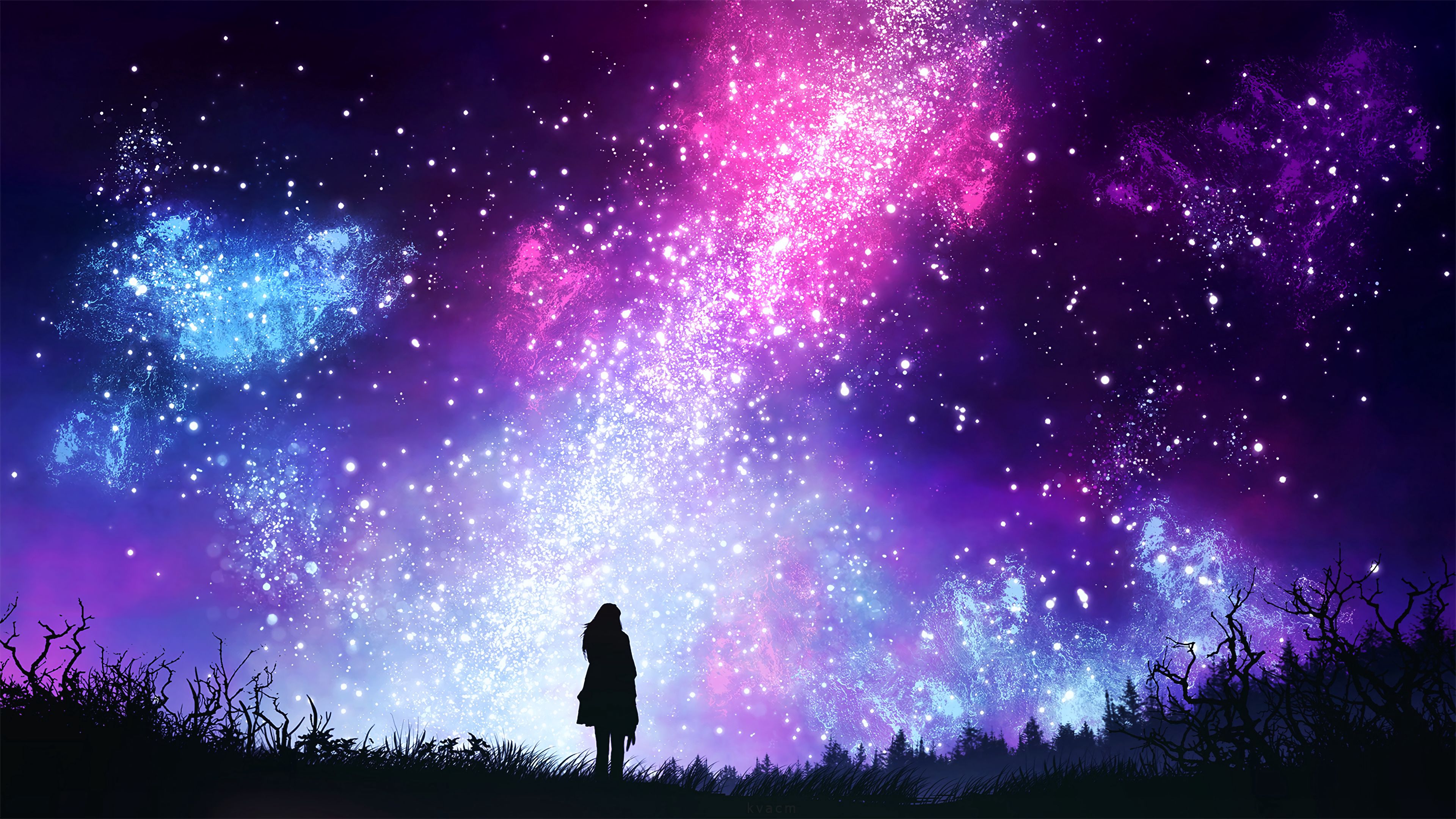 starry sky, art, stars, shine, silhouette, brilliance, brilliant 1080p