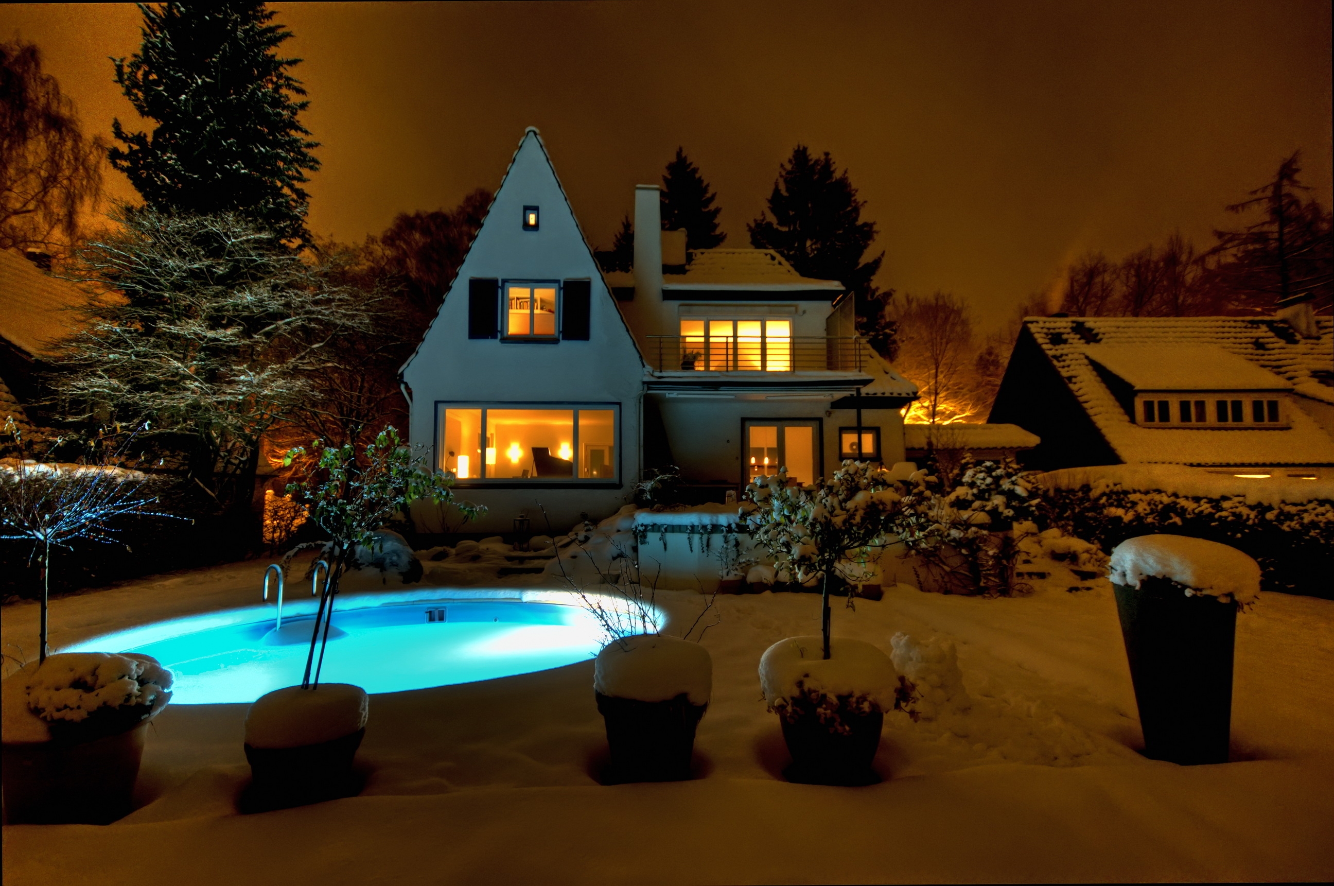 houses, cities, night, snow, mansion, pools