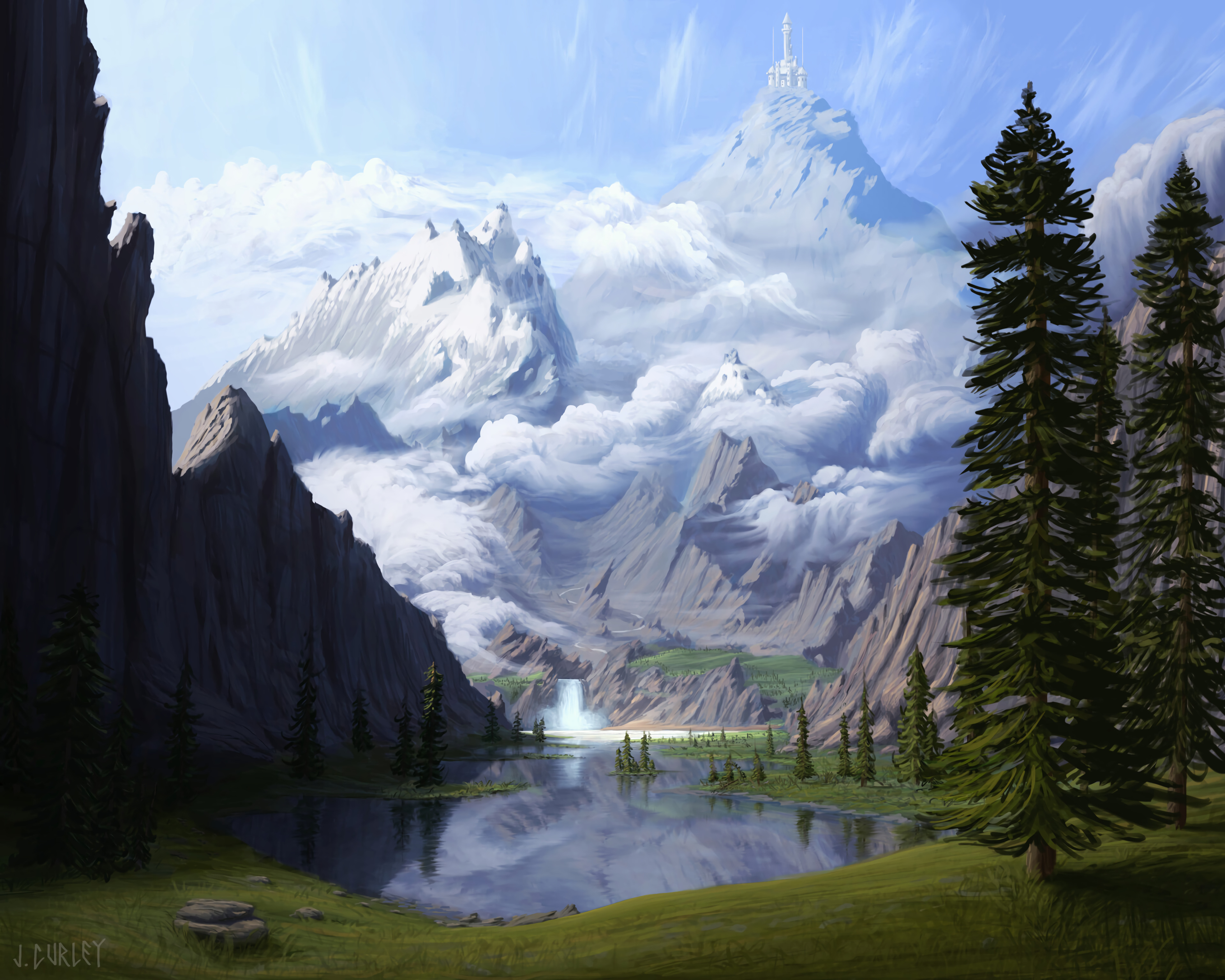 mountains, art, lake, waterfall, forest, polyana, glade Phone Background