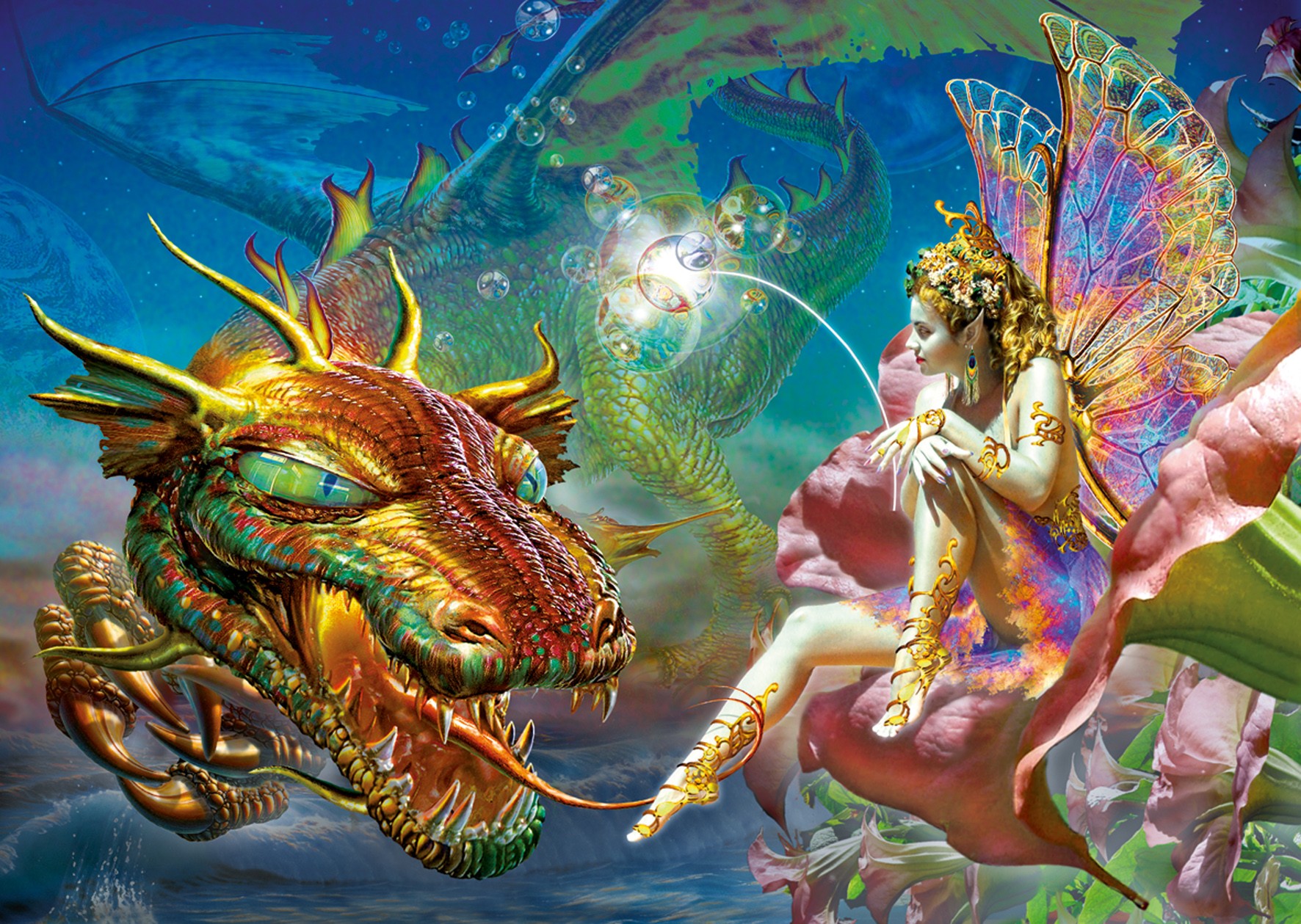 colorful, gold, fairy, fantasy, dragon, flower, wings