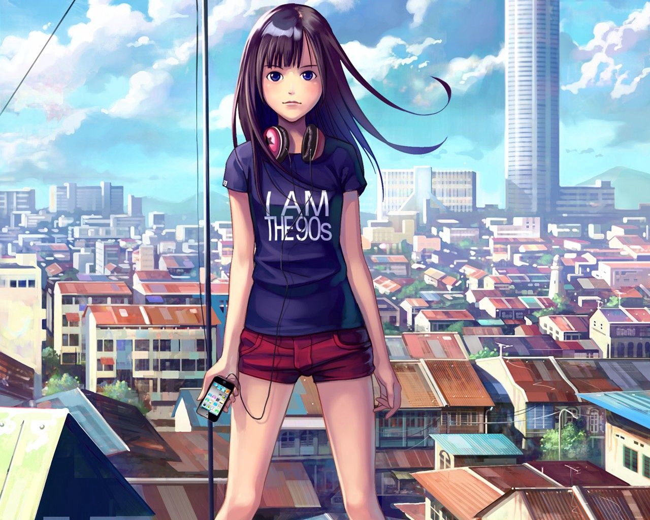 149550 download wallpaper anime, headphones, city, girl, telephone, brunette screensavers and pictures for free