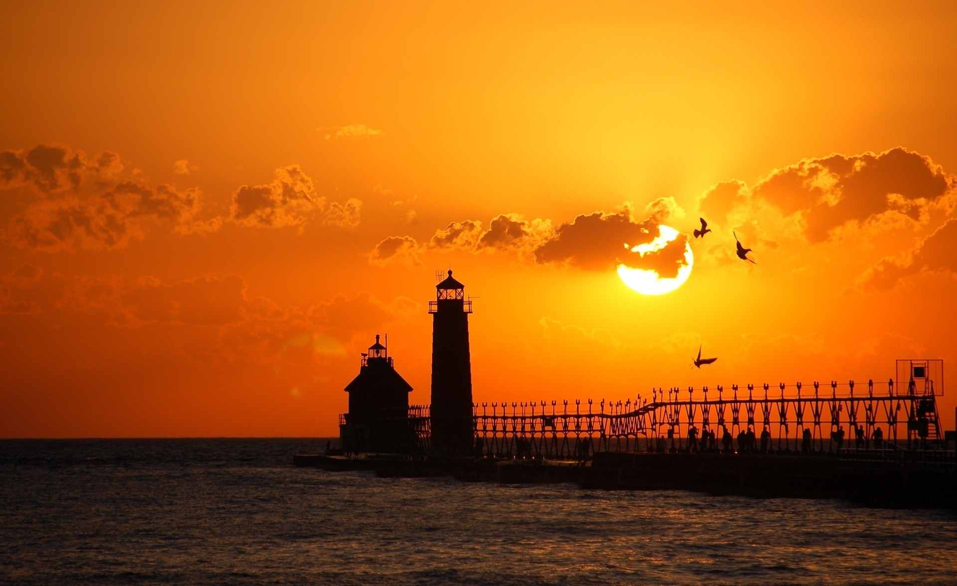 orange, lighthouse, nature, birds, sunset, sun, disk, calmness, tranquillity iphone wallpaper