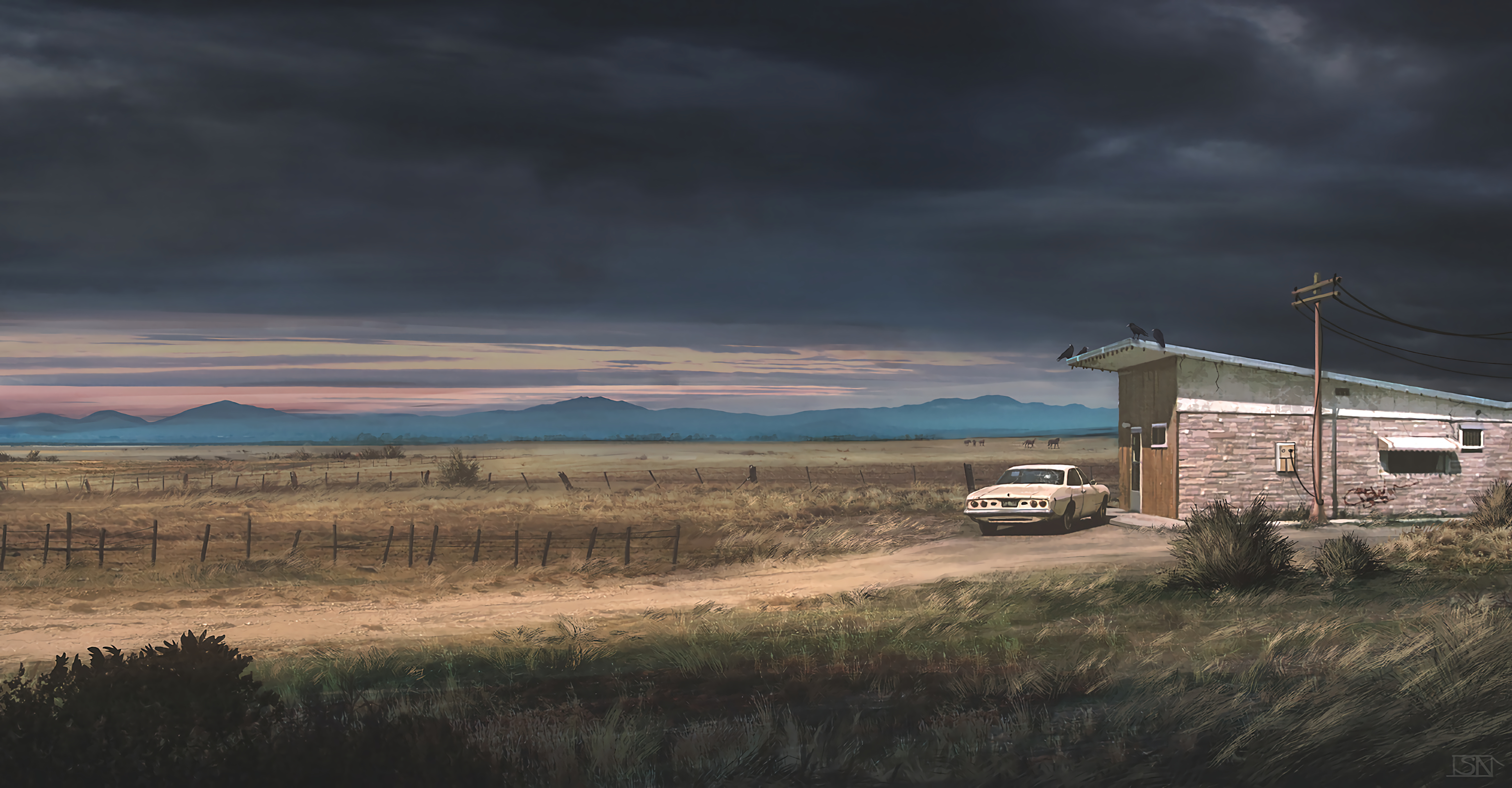 99394 download wallpaper art, landscape, building, car, country, ranch, rain clouds screensavers and pictures for free