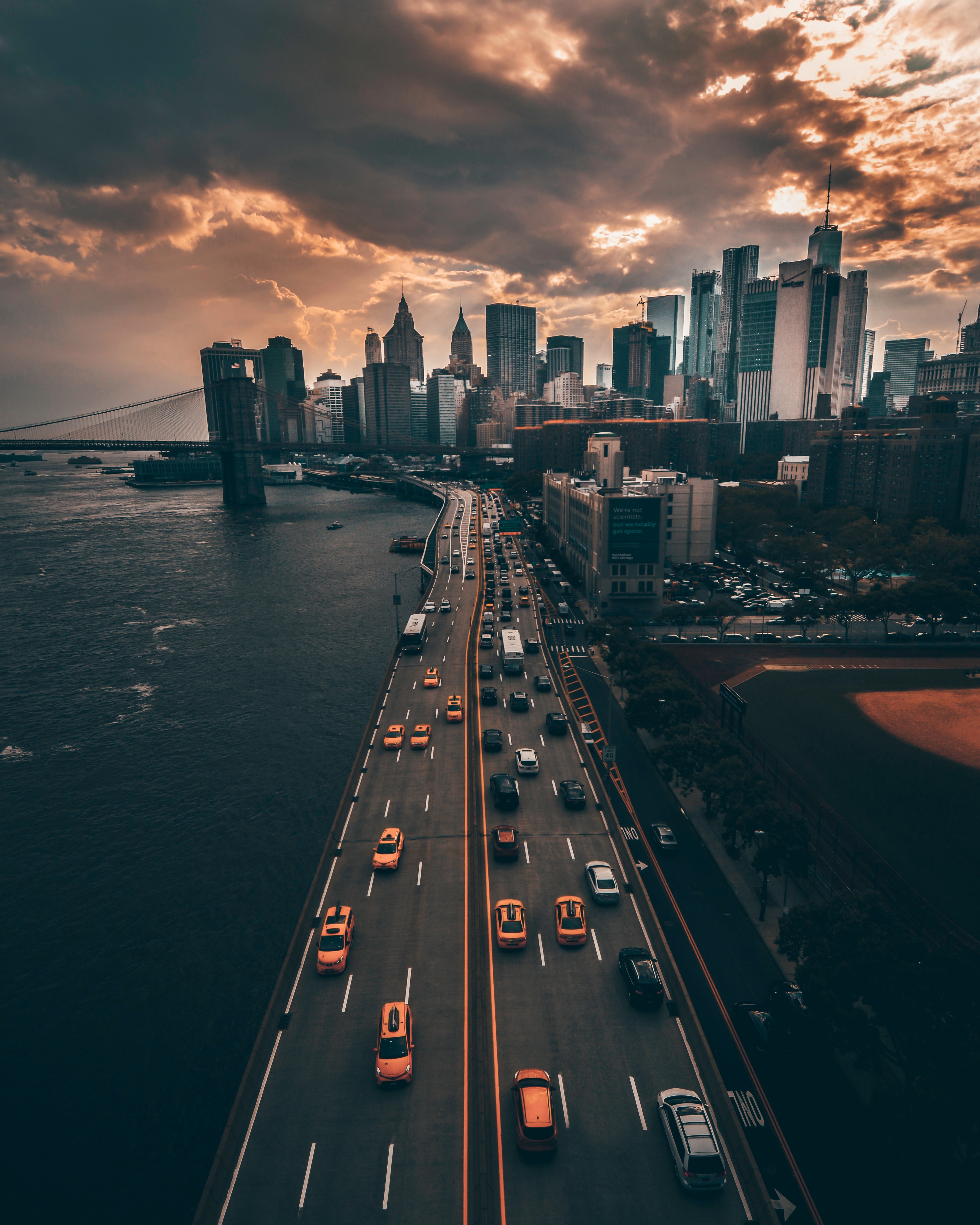 cities, skyscrapers, evening, road Free Stock Photo