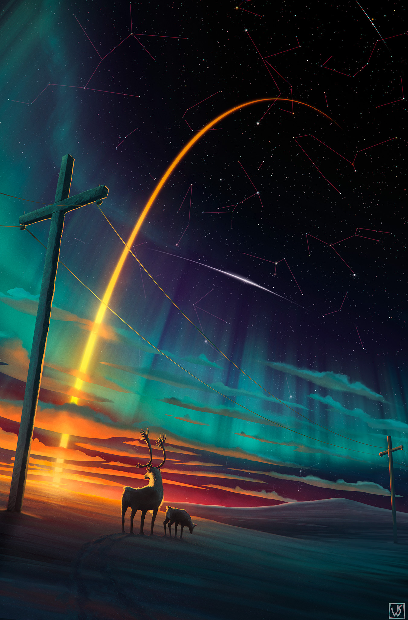 Download mobile wallpaper Meteorite, Night, Art, Deers, Starry Sky for free.