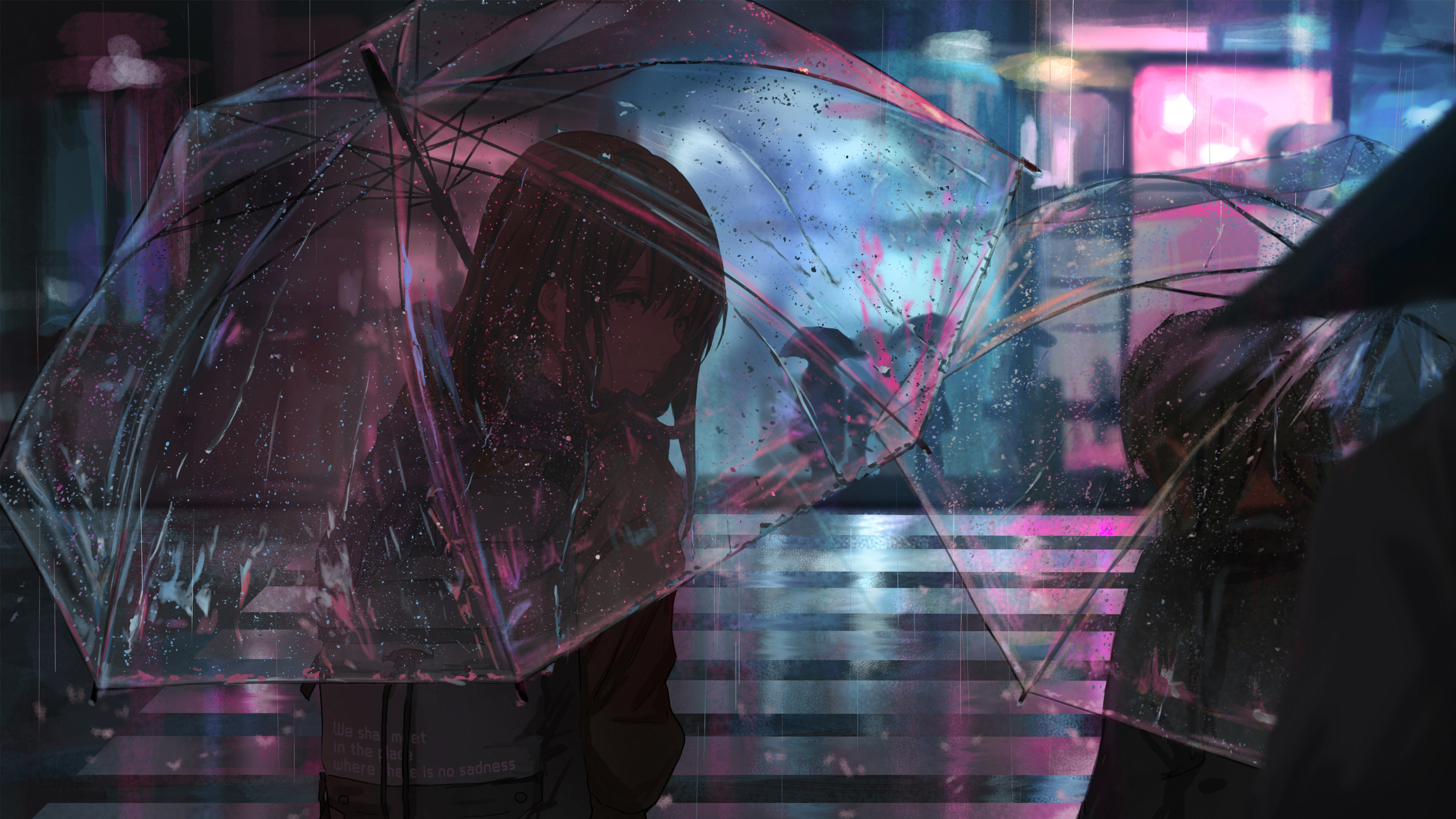 girl, anime, rain, night, umbrella