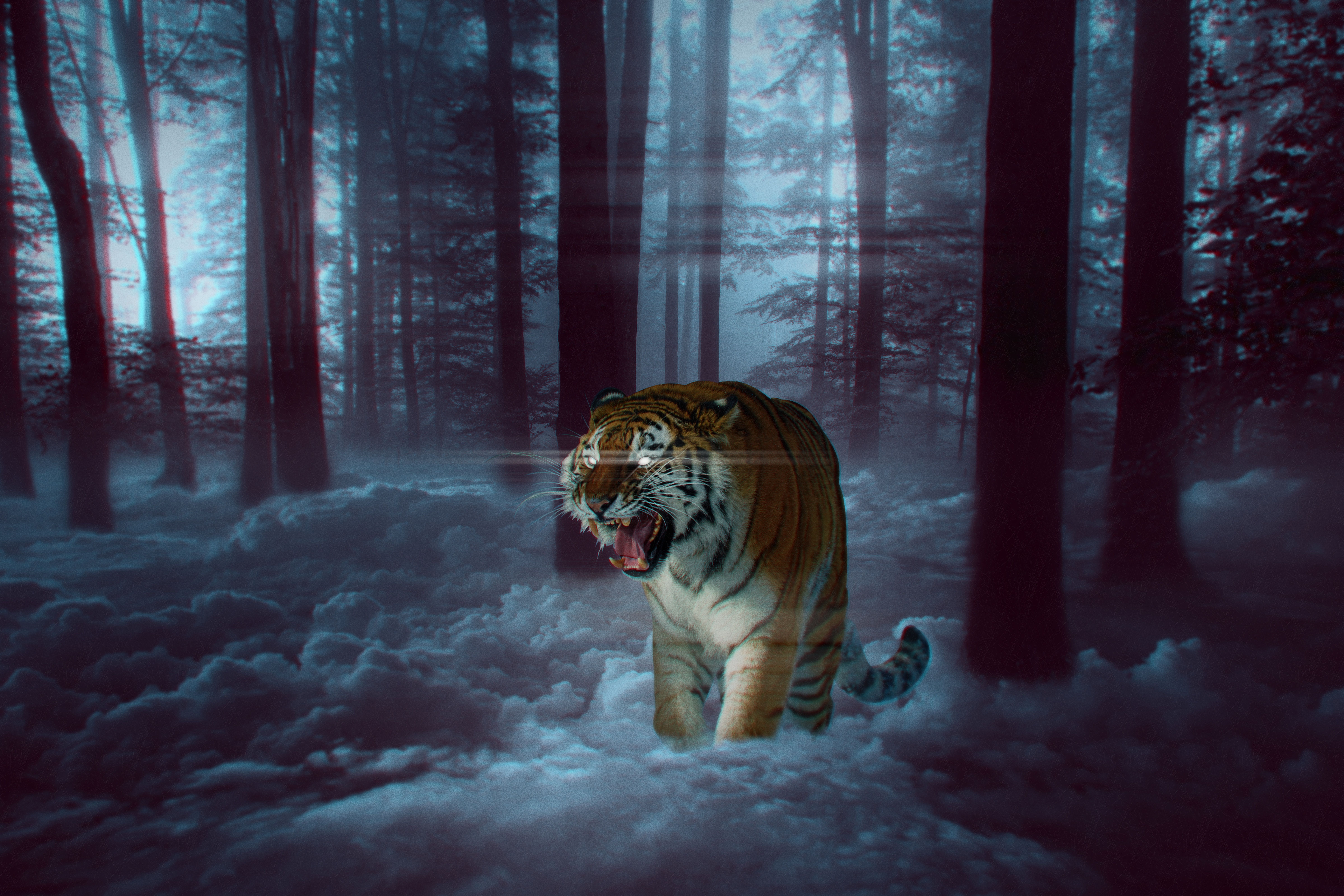 146099 скачать обои тигр, оскал, животные, лес, туман, фотошоп - заставки и картинки бесплатно