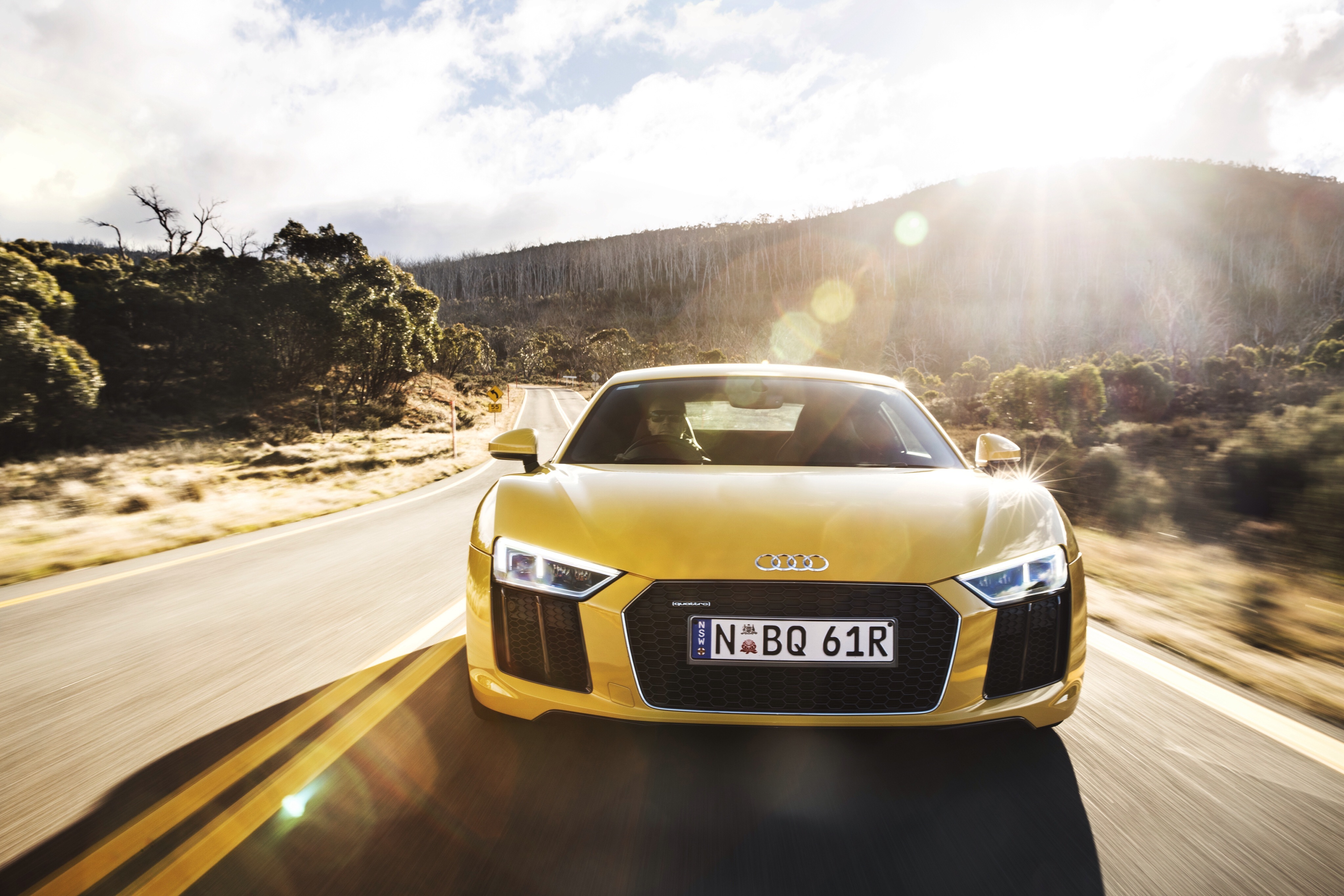 109188 download wallpaper audi, cars, yellow, front view, r8, v10 screensavers and pictures for free