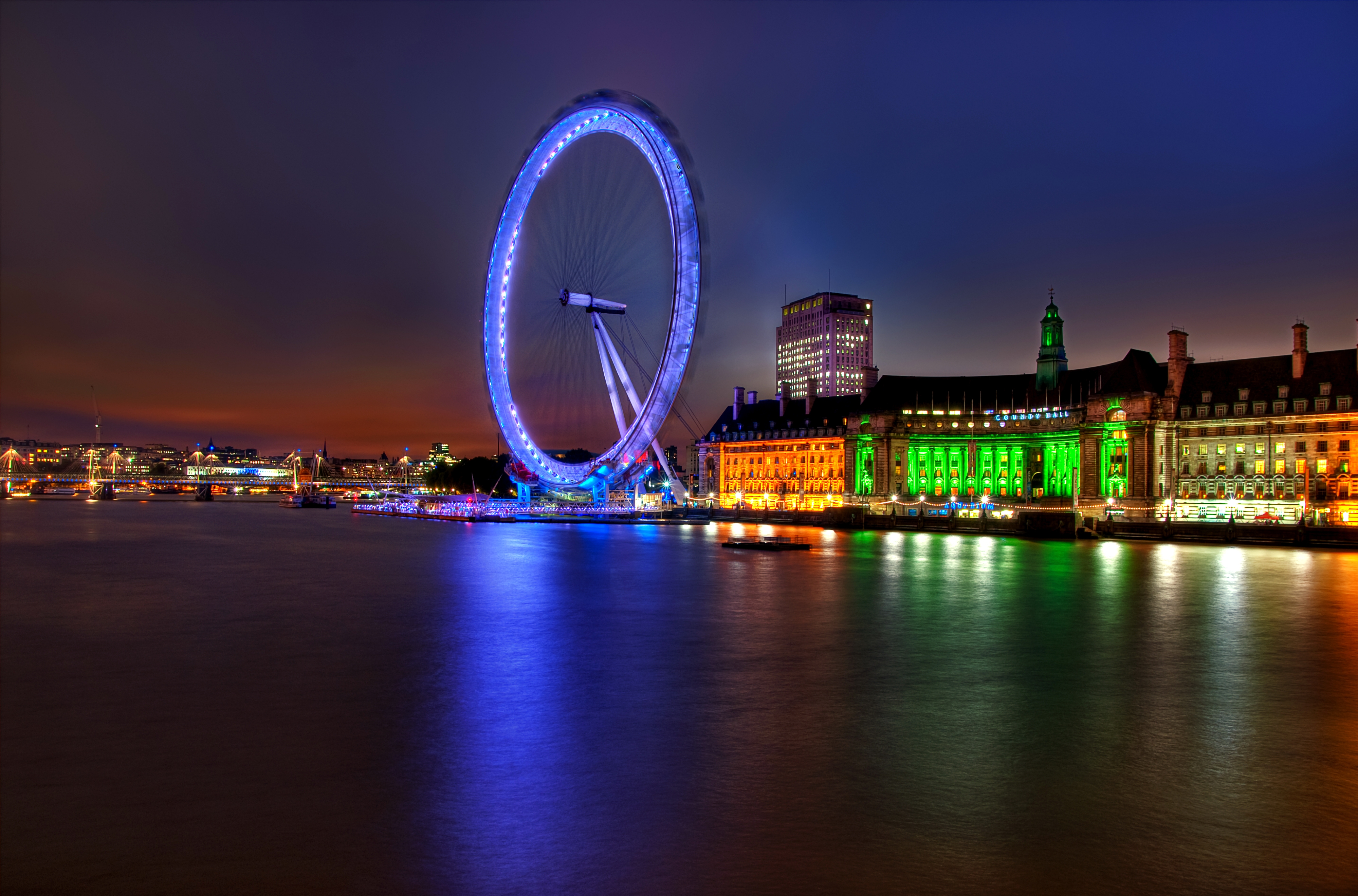 building, great britain, lights, london, architecture, united kingdom, cities, rivers, illumination, backlight, evening, ferris wheel, england, capital, thames