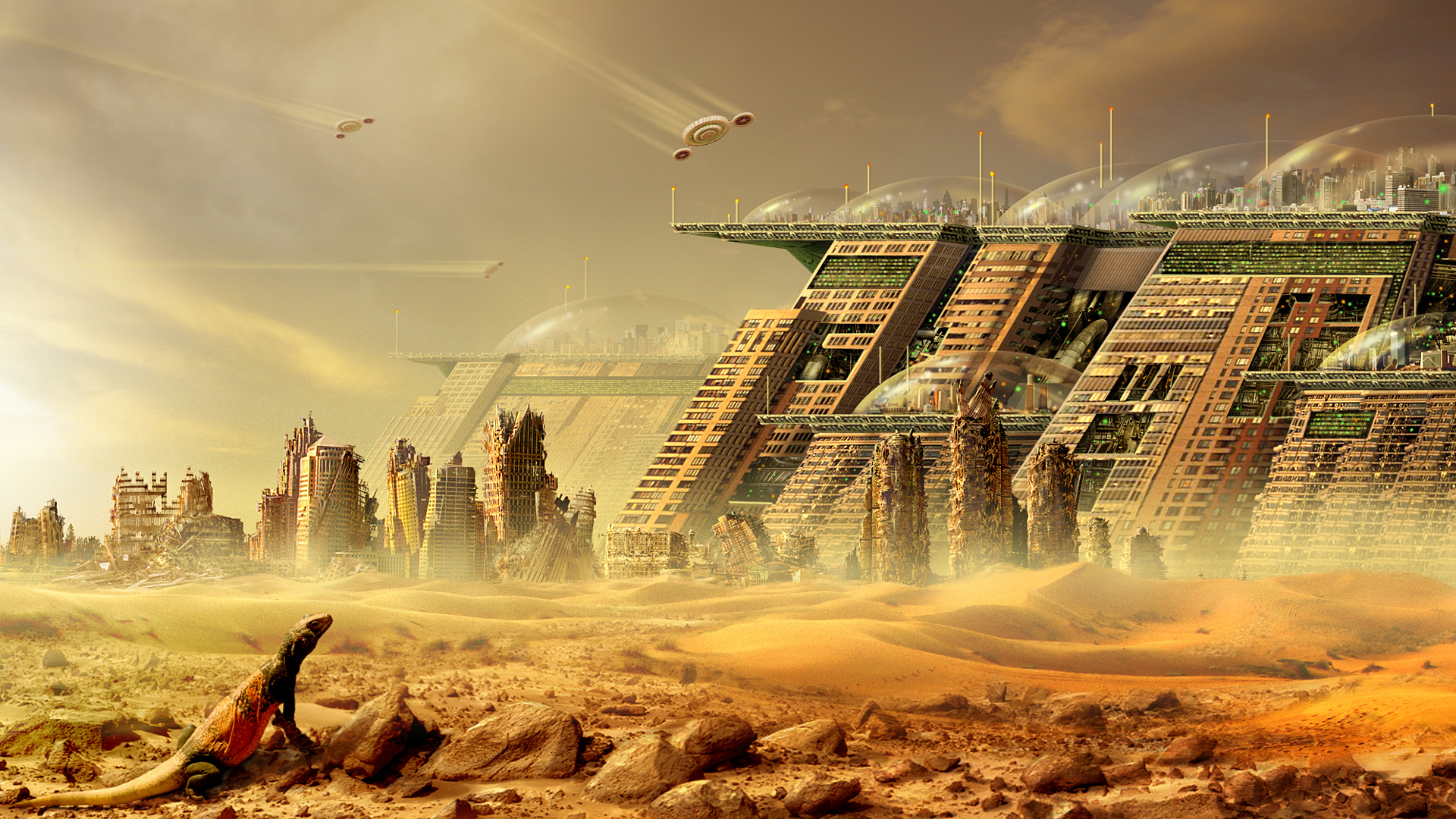 sci fi, city, cityscape, desert, dome, lizard, ruin, ship, technology 1080p