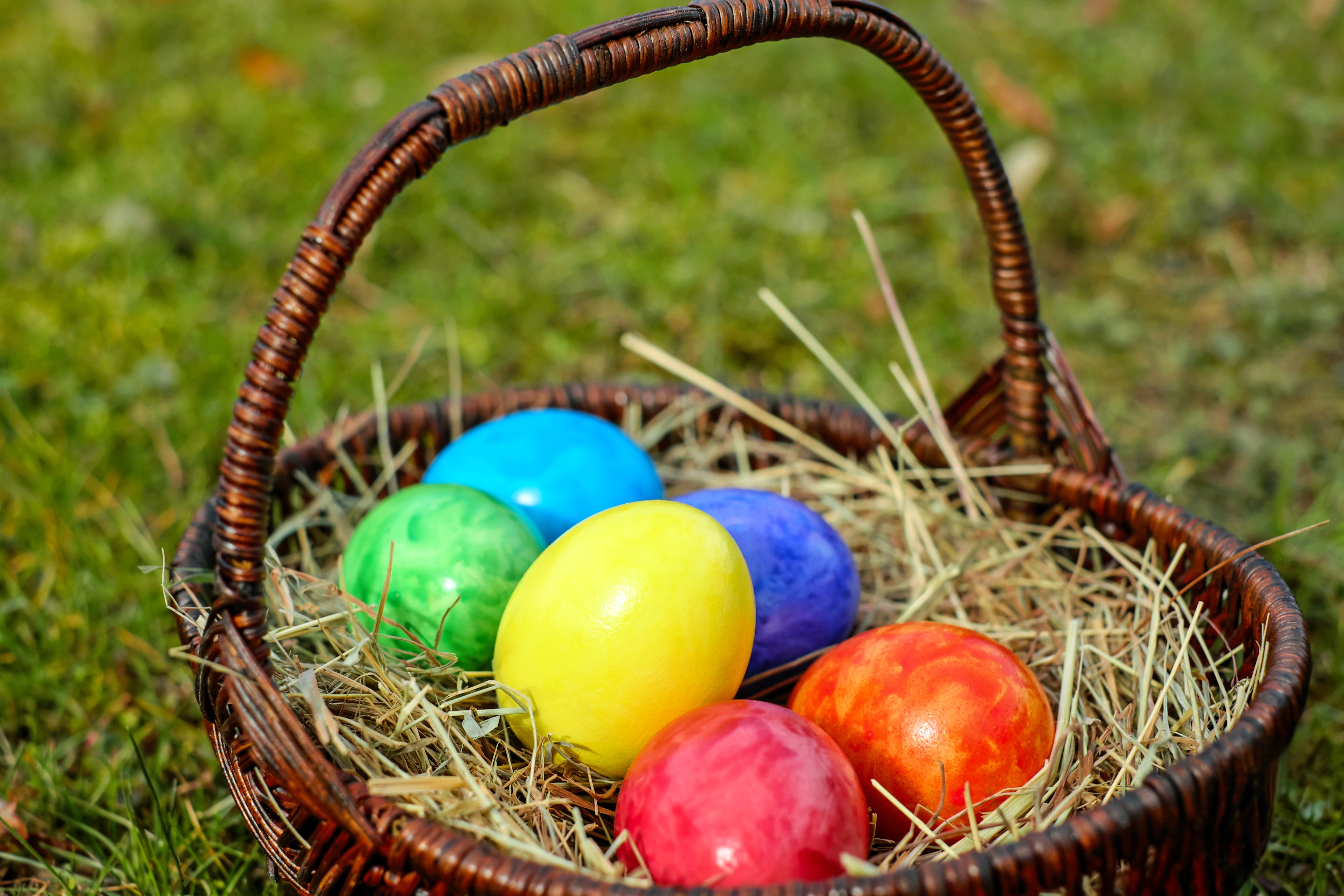 easter, holidays, eggs, basket, hay