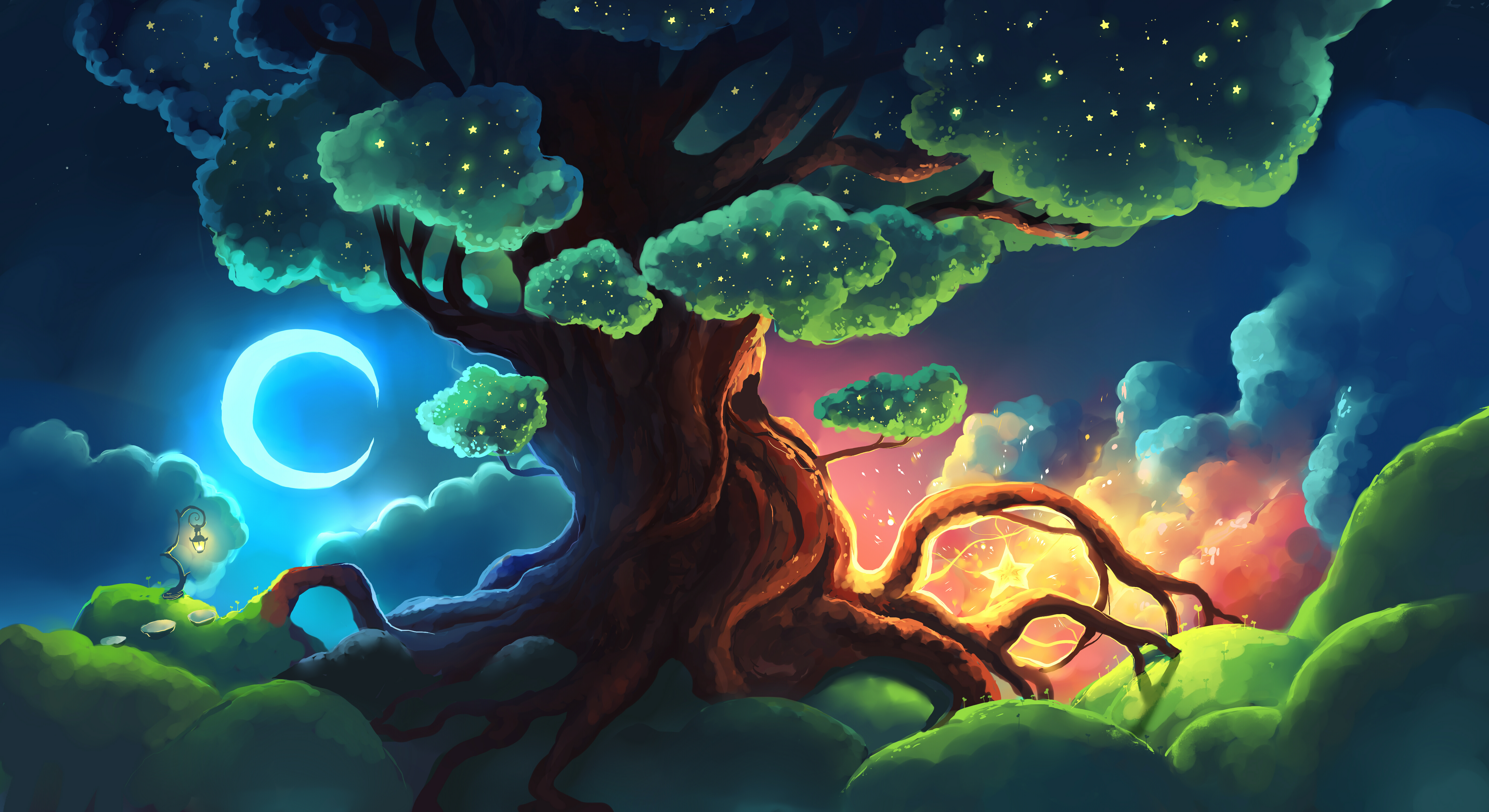 crescent, roots, artistic, tree, cloud, moon, painting, stars