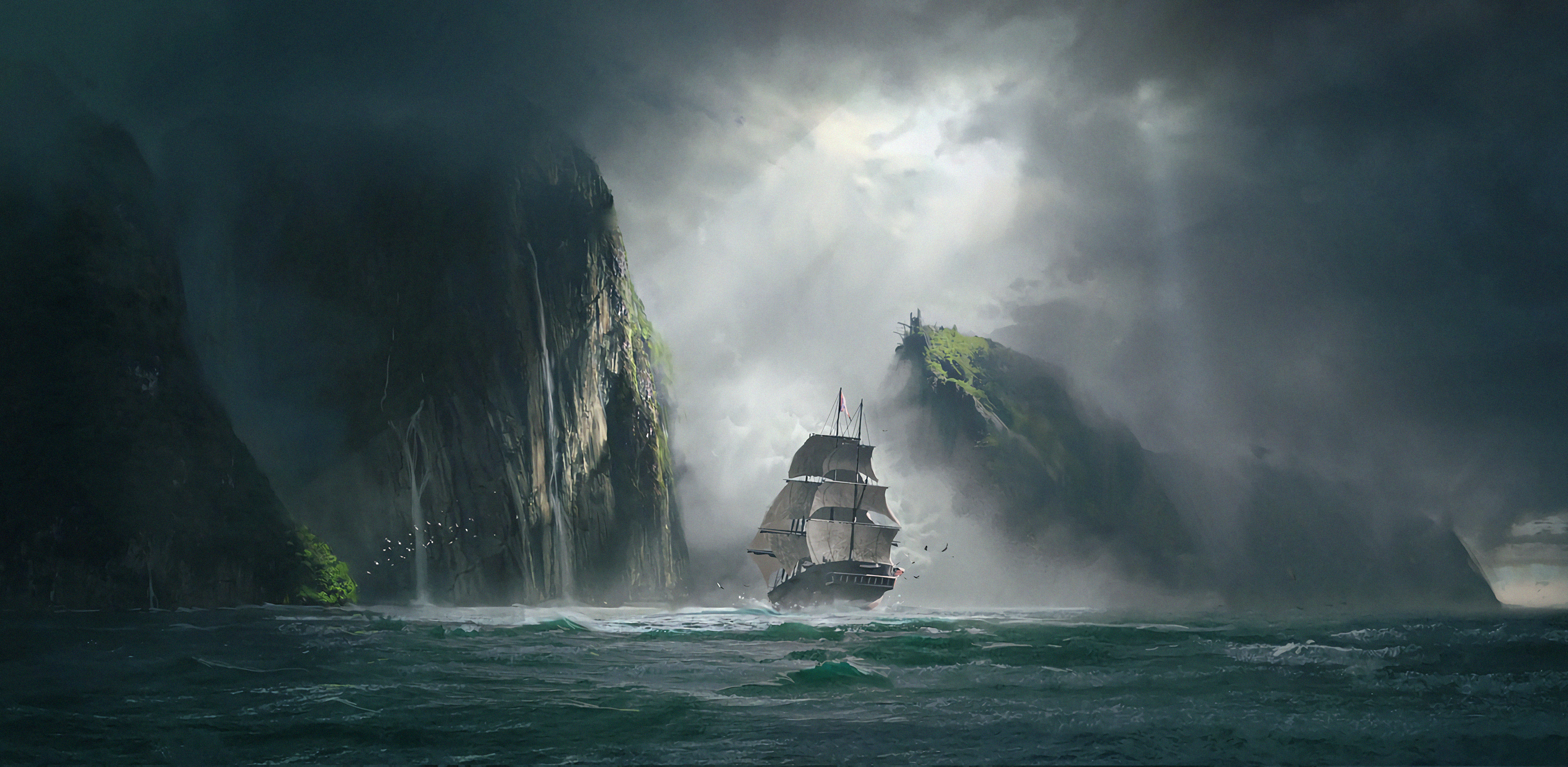 103558 скачать обои корабль, море, скалы, арт, туман - заставки и картинки бесплатно