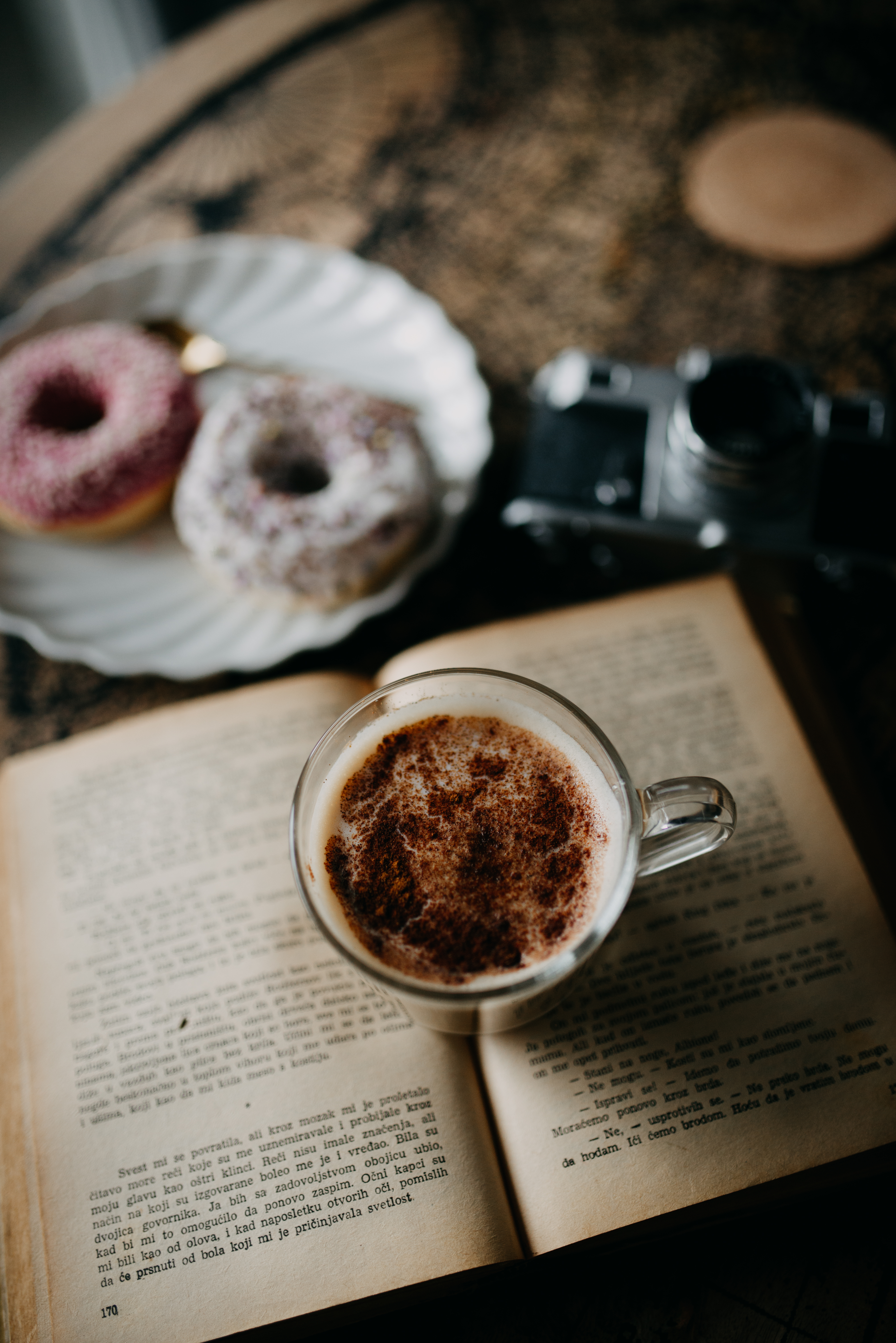 150751 download wallpaper food, desert, coffee, cup, book, camera, mug, donuts screensavers and pictures for free