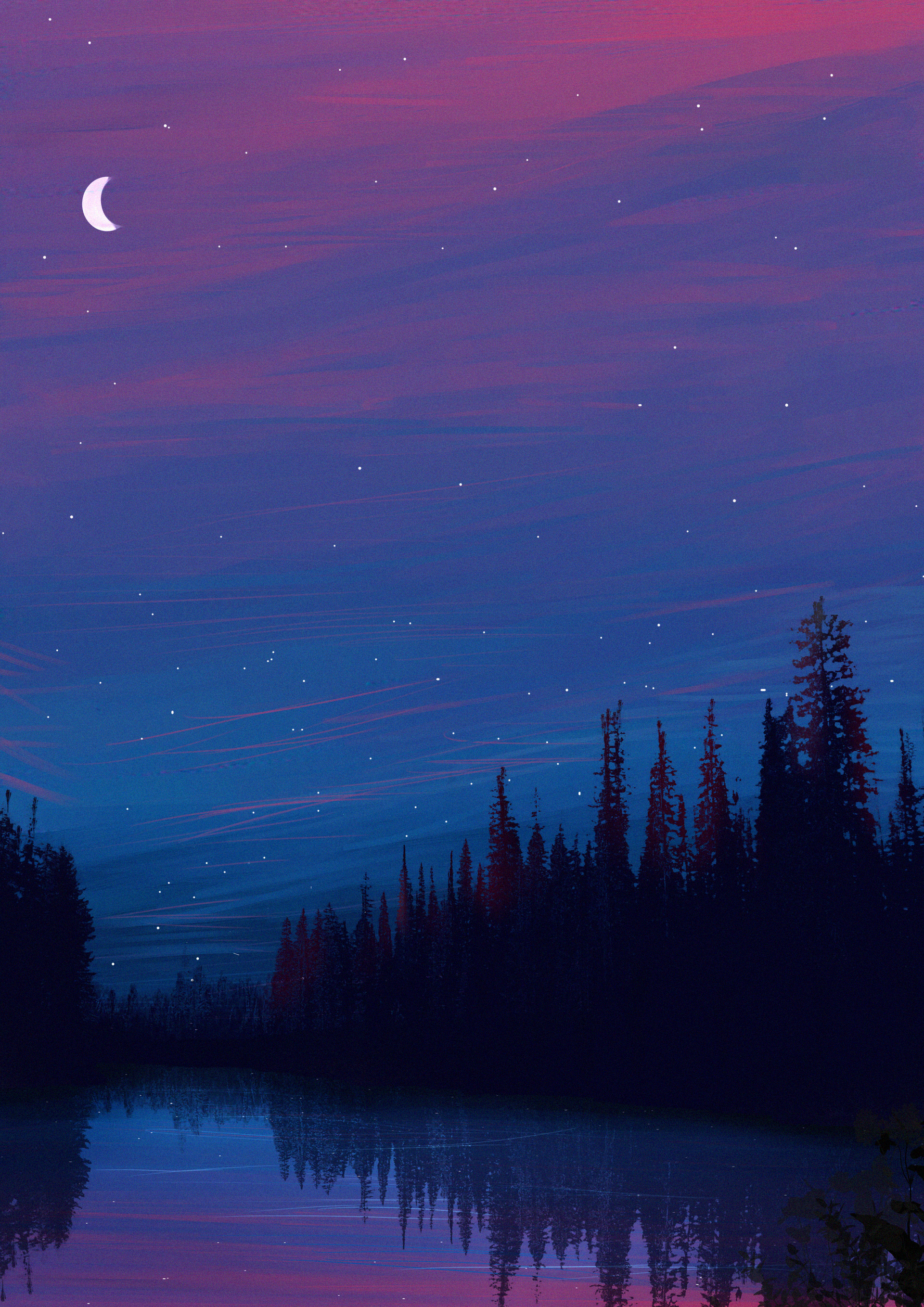 art, starry sky, night, landscape, lake 5K