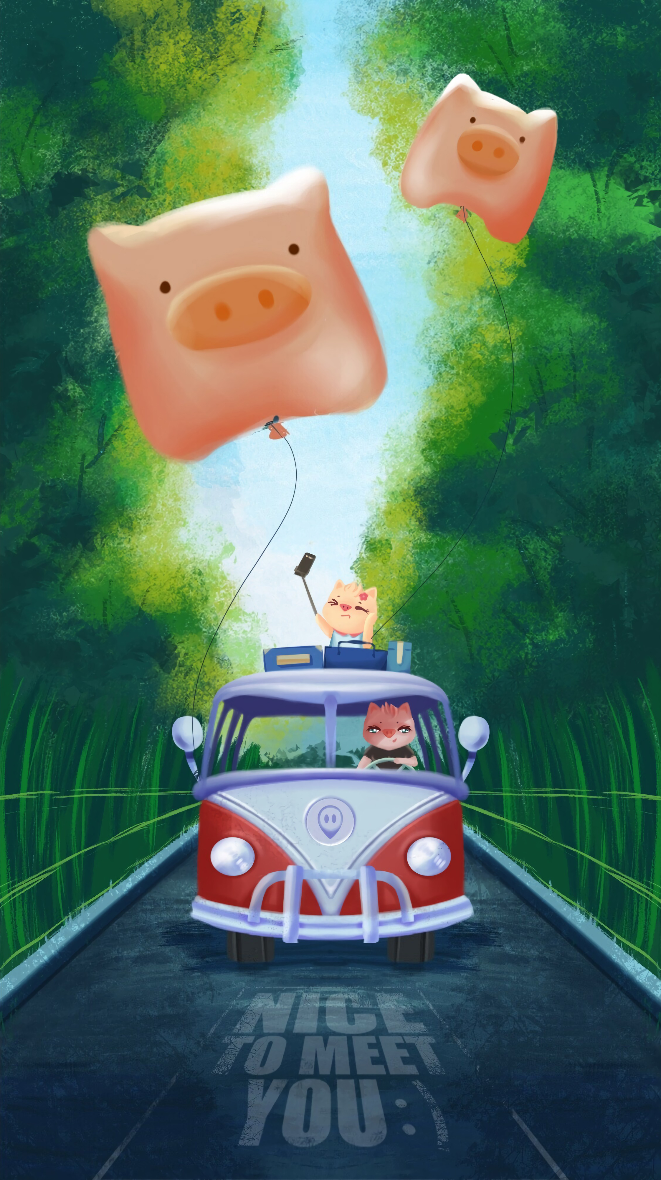 van, art, pigs, road Free HD pic