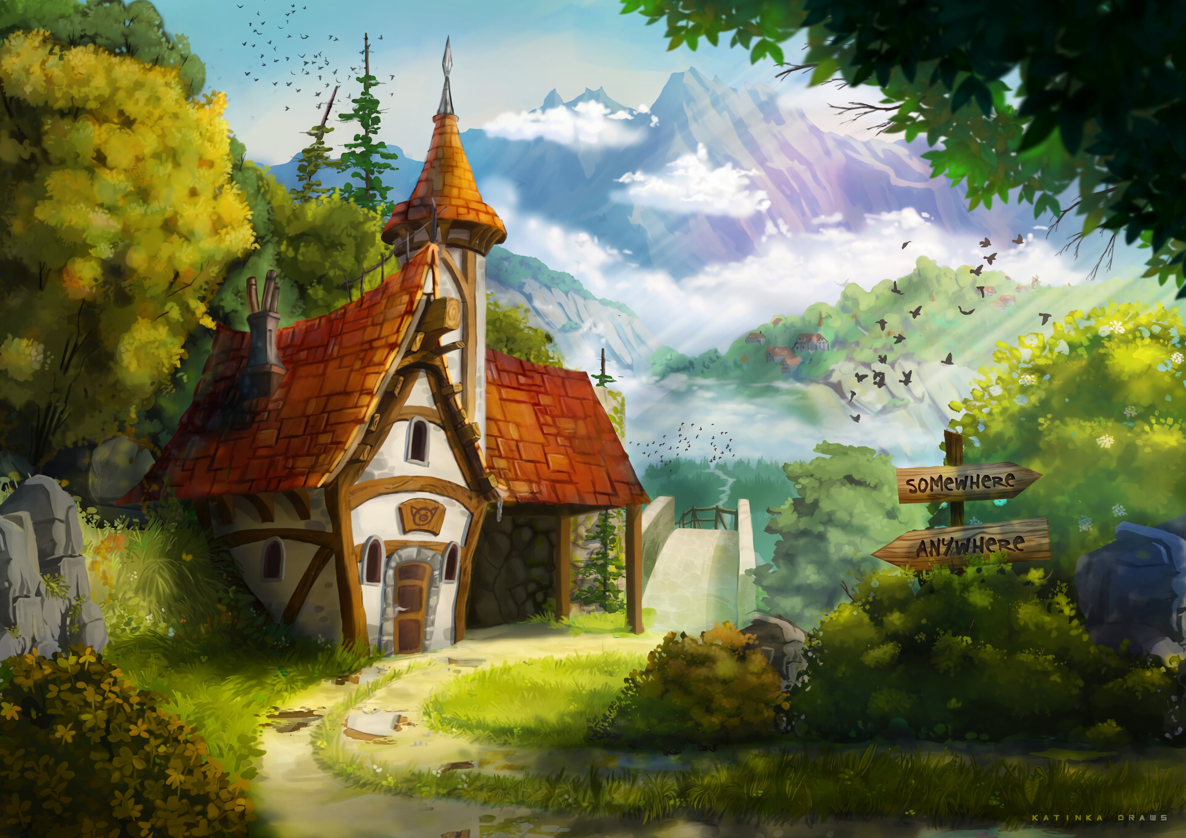 art, small house, fairy tale, landscape, lodge, story UHD