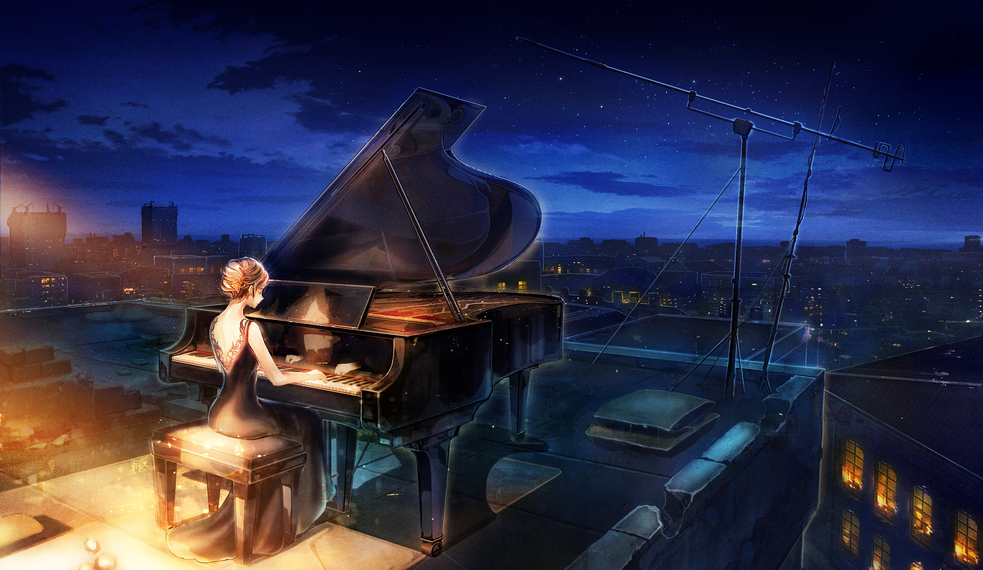 HD desktop wallpaper: Music, Anime, Night, Piano, Starry Sky, Pianist  download free picture #988538