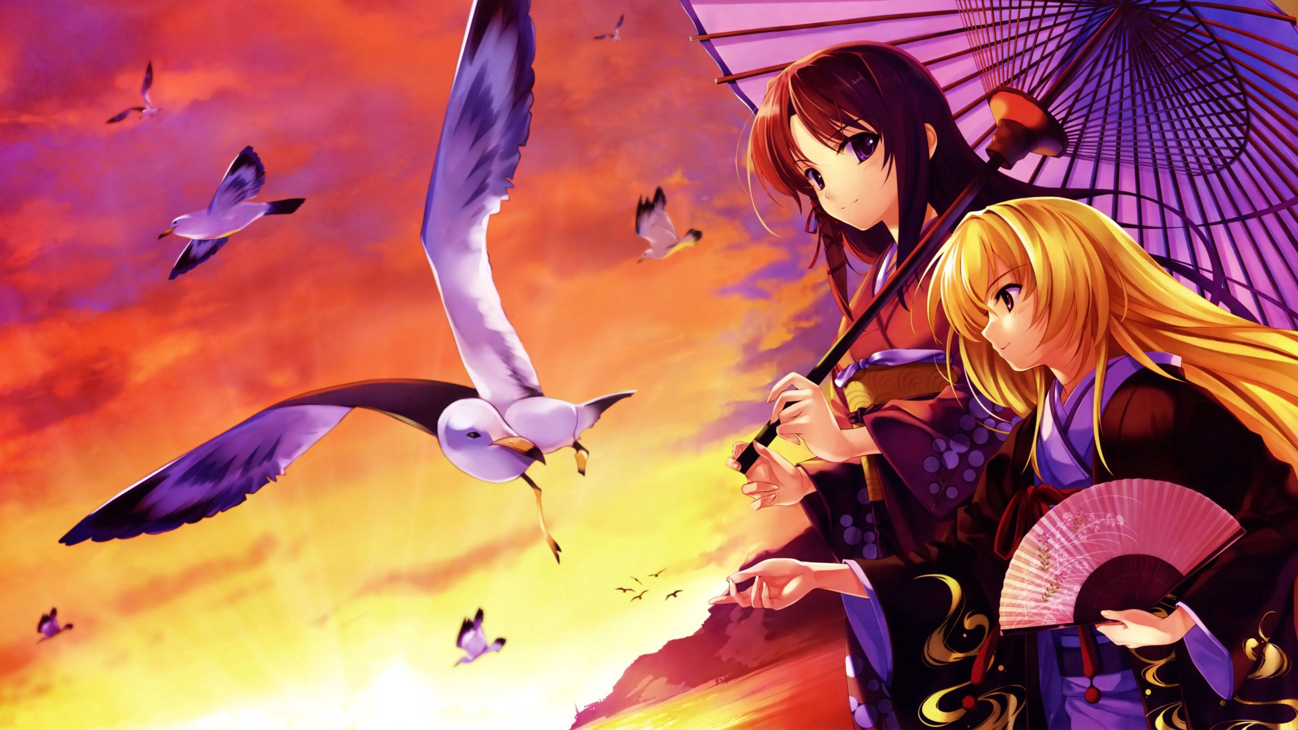 Laden Sie das Anime, Mädchen, Möwe, Regenschirm, Kimono-Bild kostenlos auf Ihren PC-Desktop herunter