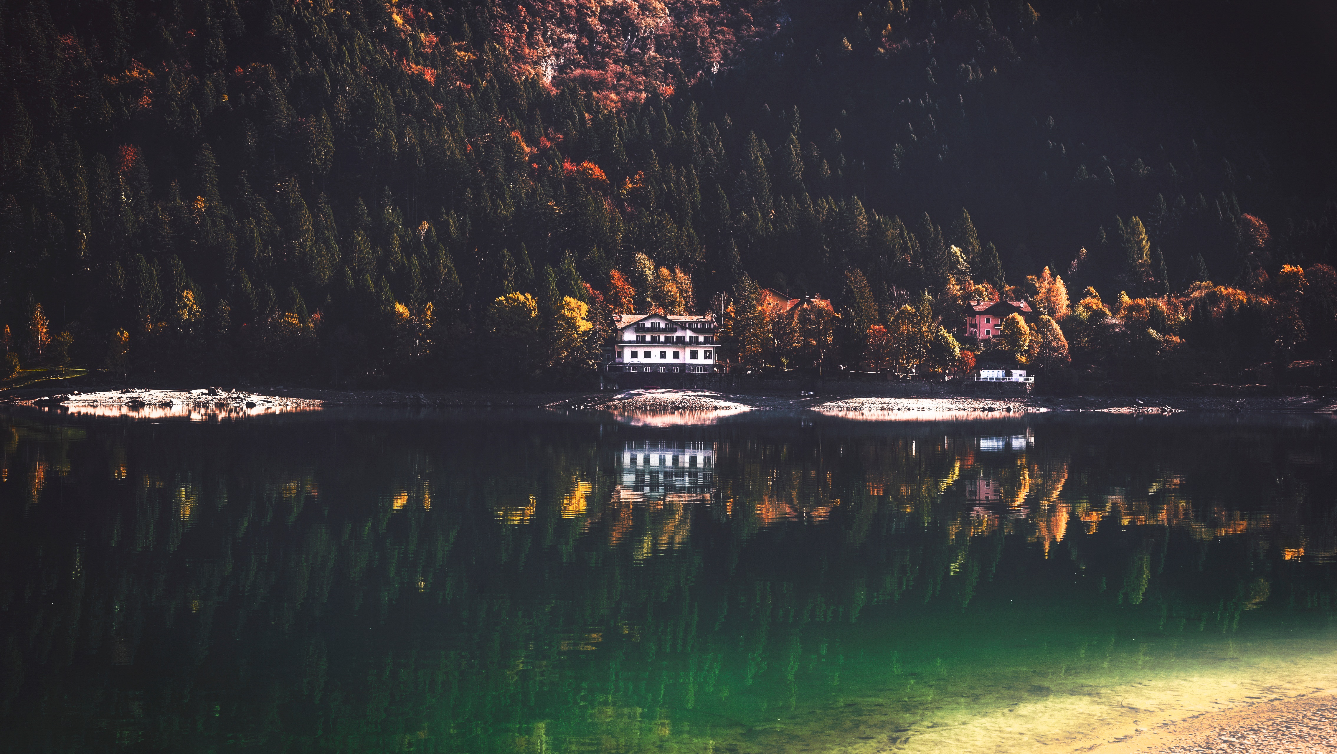 small house, nature, lake, reflection, lodge, elevation HD wallpaper