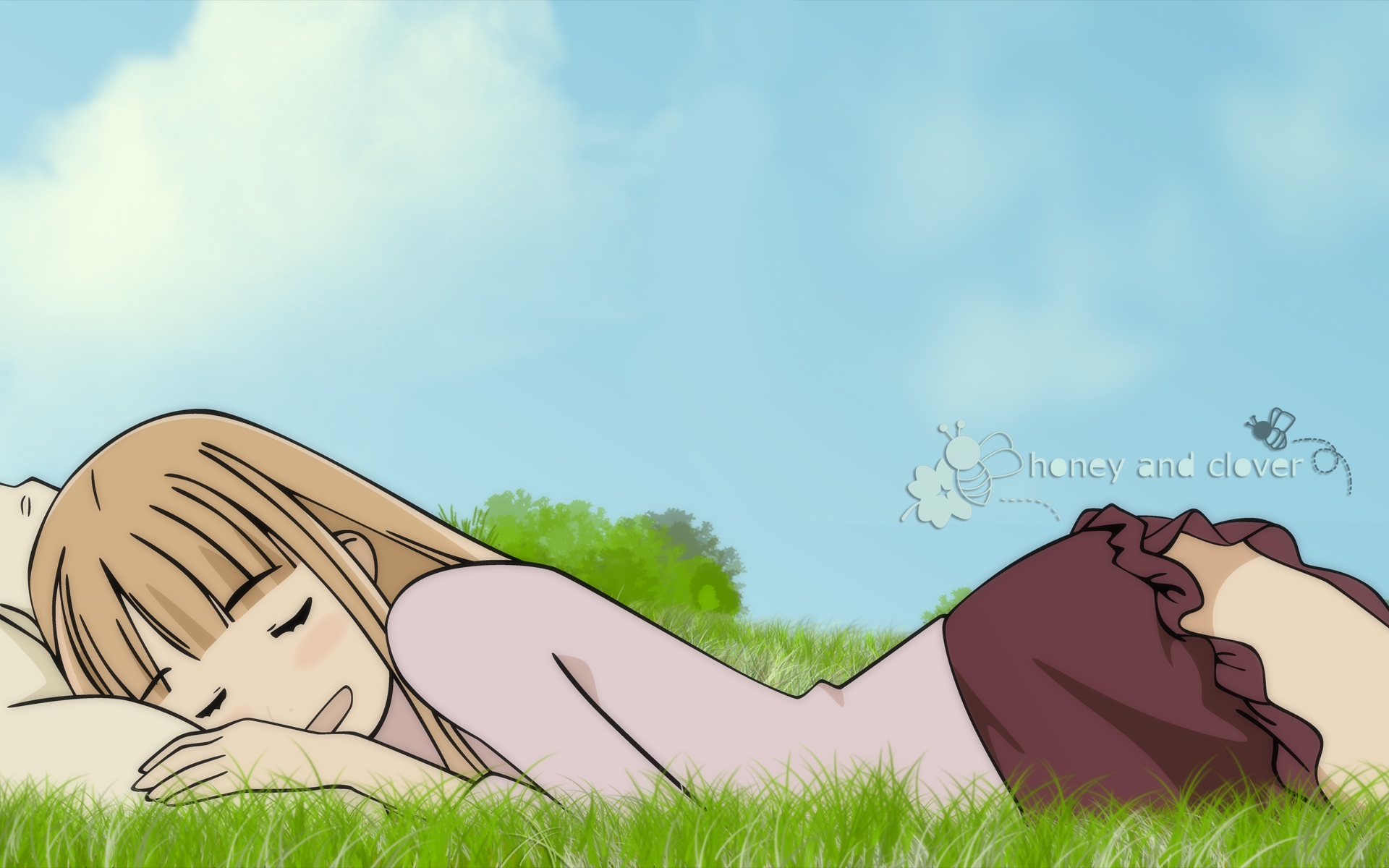 Аниме персонаж лежит на траве