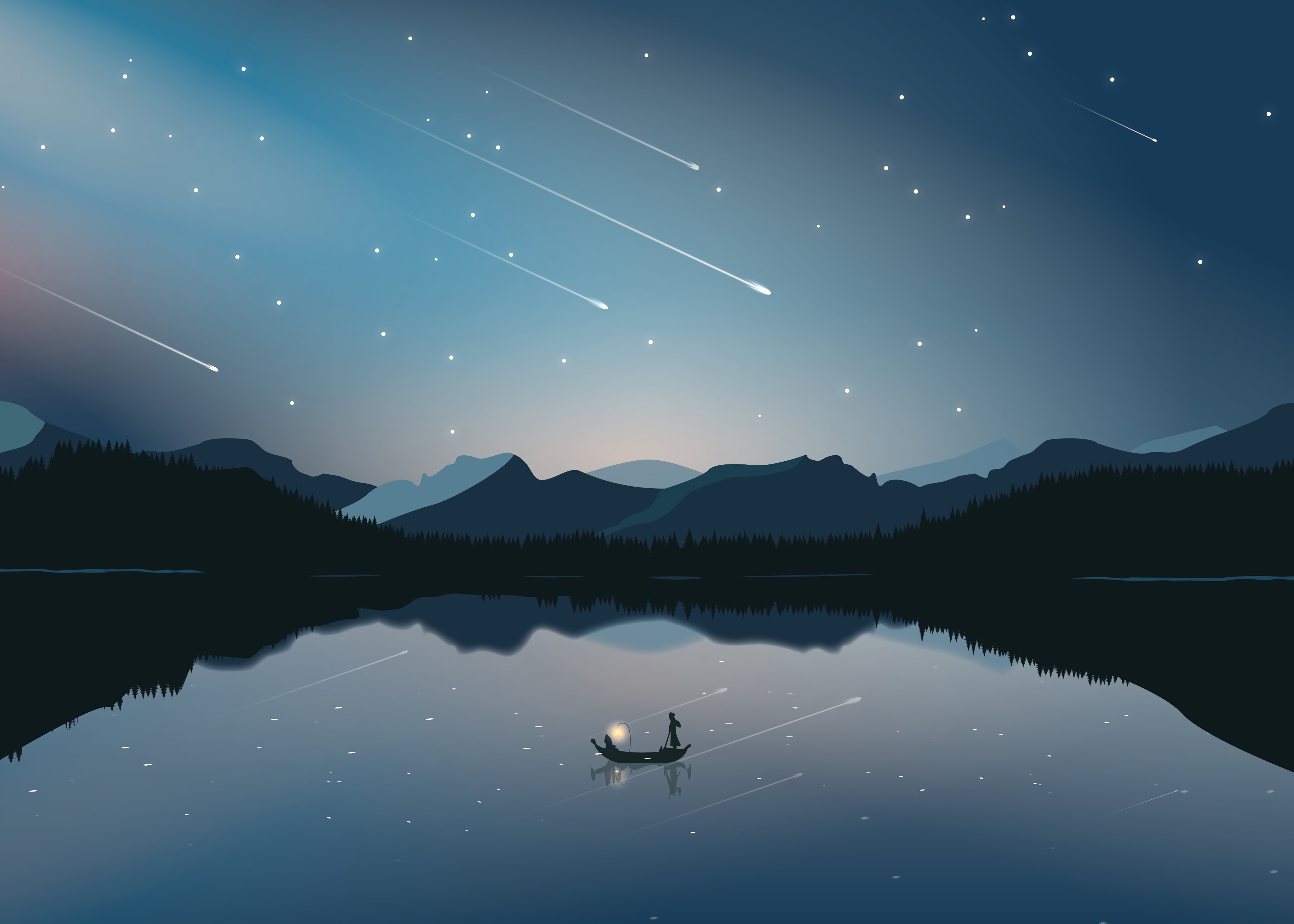 vector, starfall, boat, art, mountains phone background