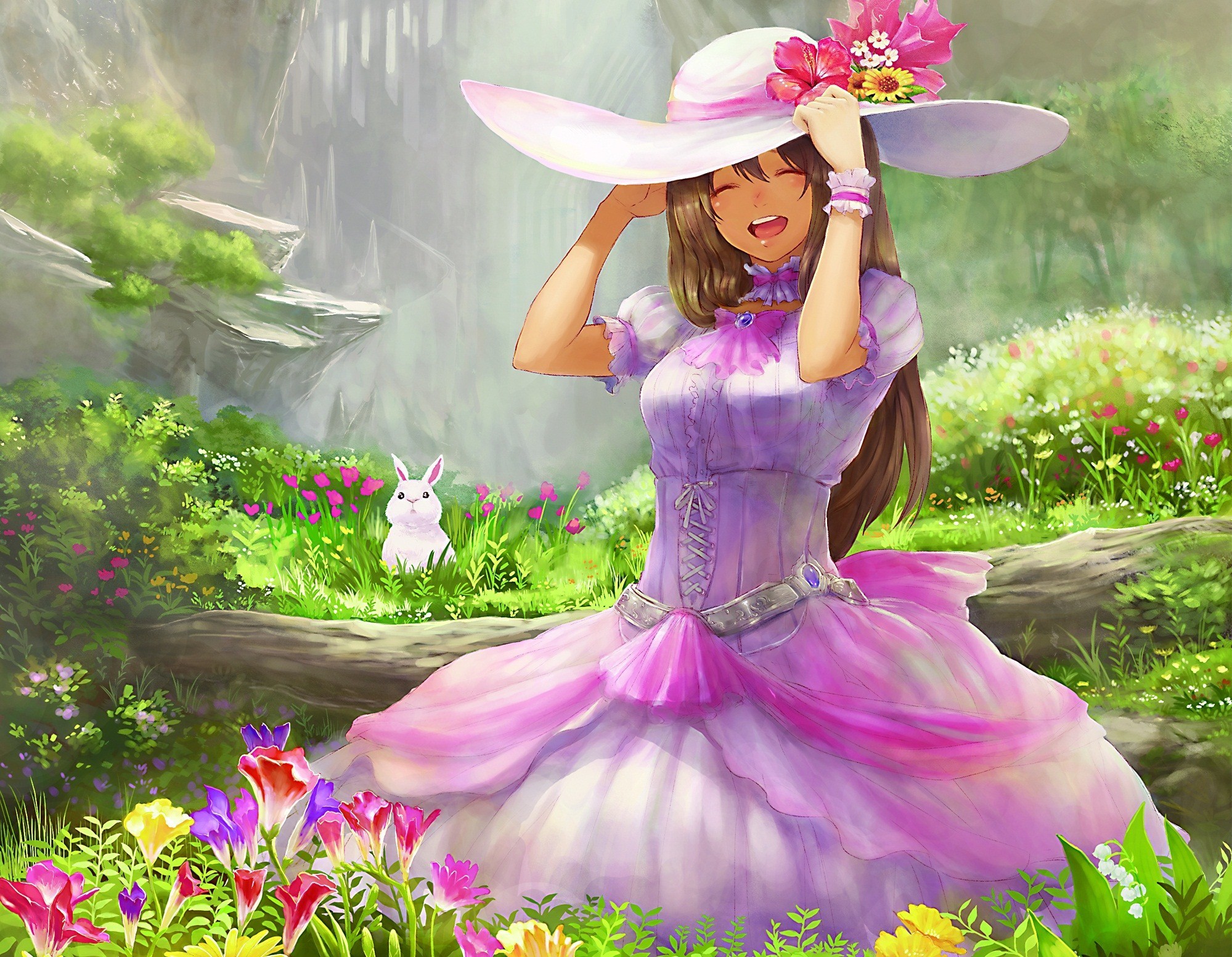 flower, anime, women, grass, hat, log, pink dress, rabbit 5K