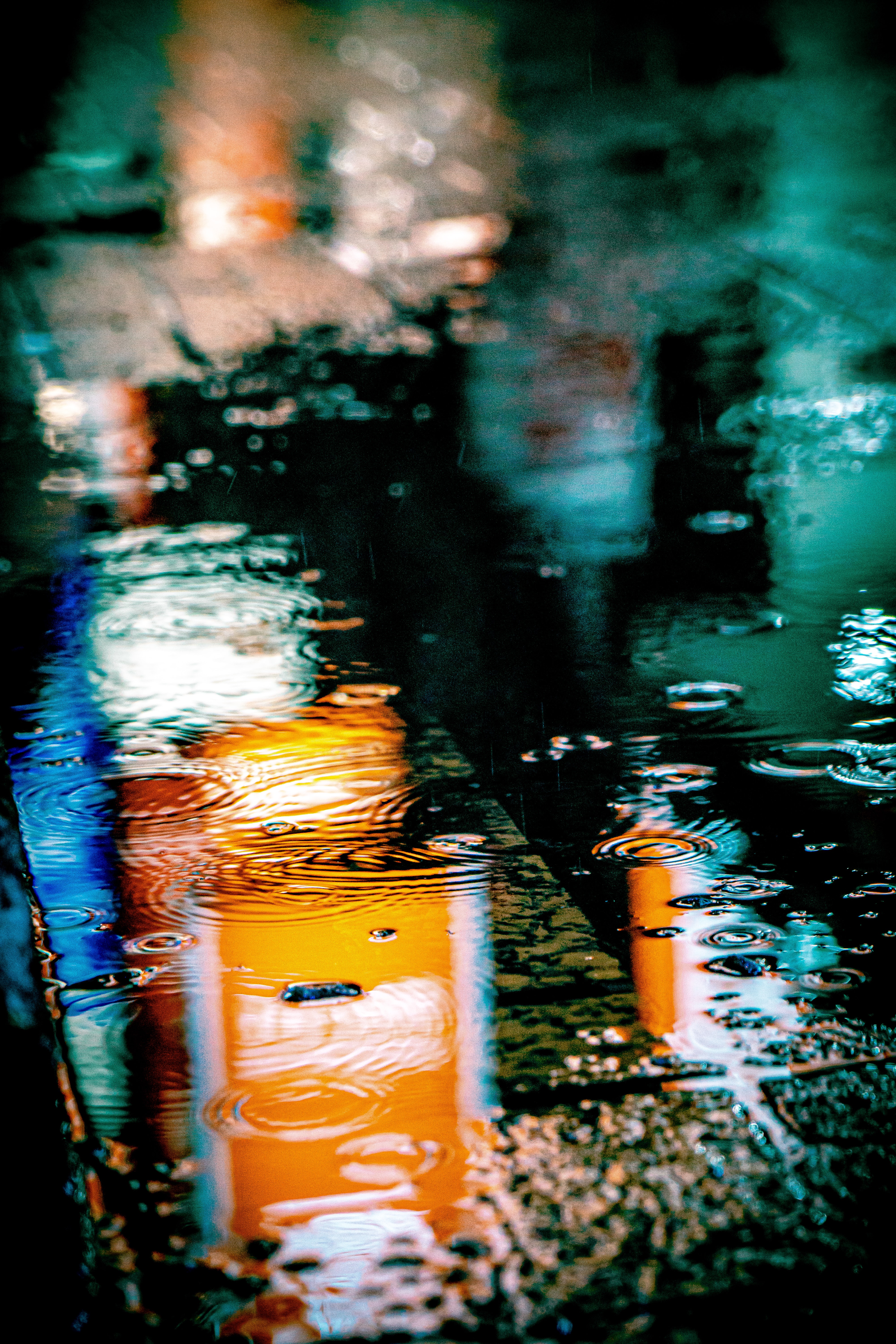 rain, drops, lights, reflection, macro, neon, puddle