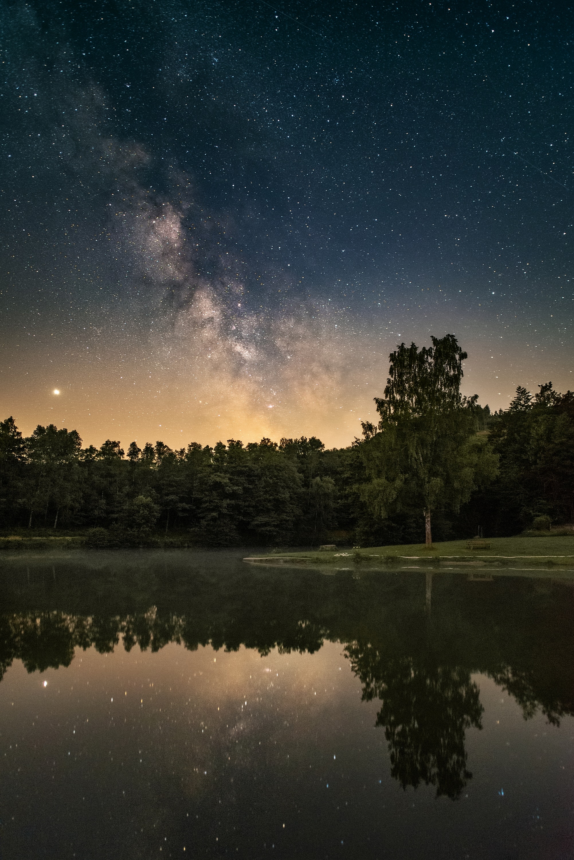 stars, holidays, lake, forest, starry sky, nebula 2160p