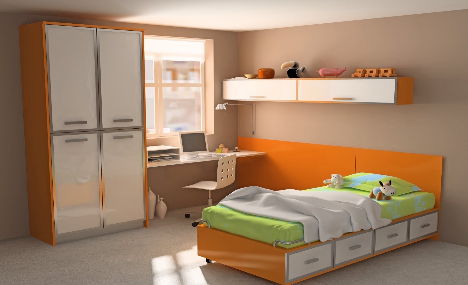 122318 download wallpaper toys, interior, orange, miscellanea, miscellaneous, design, table, room, style, bed, brightly, computer, cupboard, apartment, flat, colorfully, graphically screensavers and pictures for free