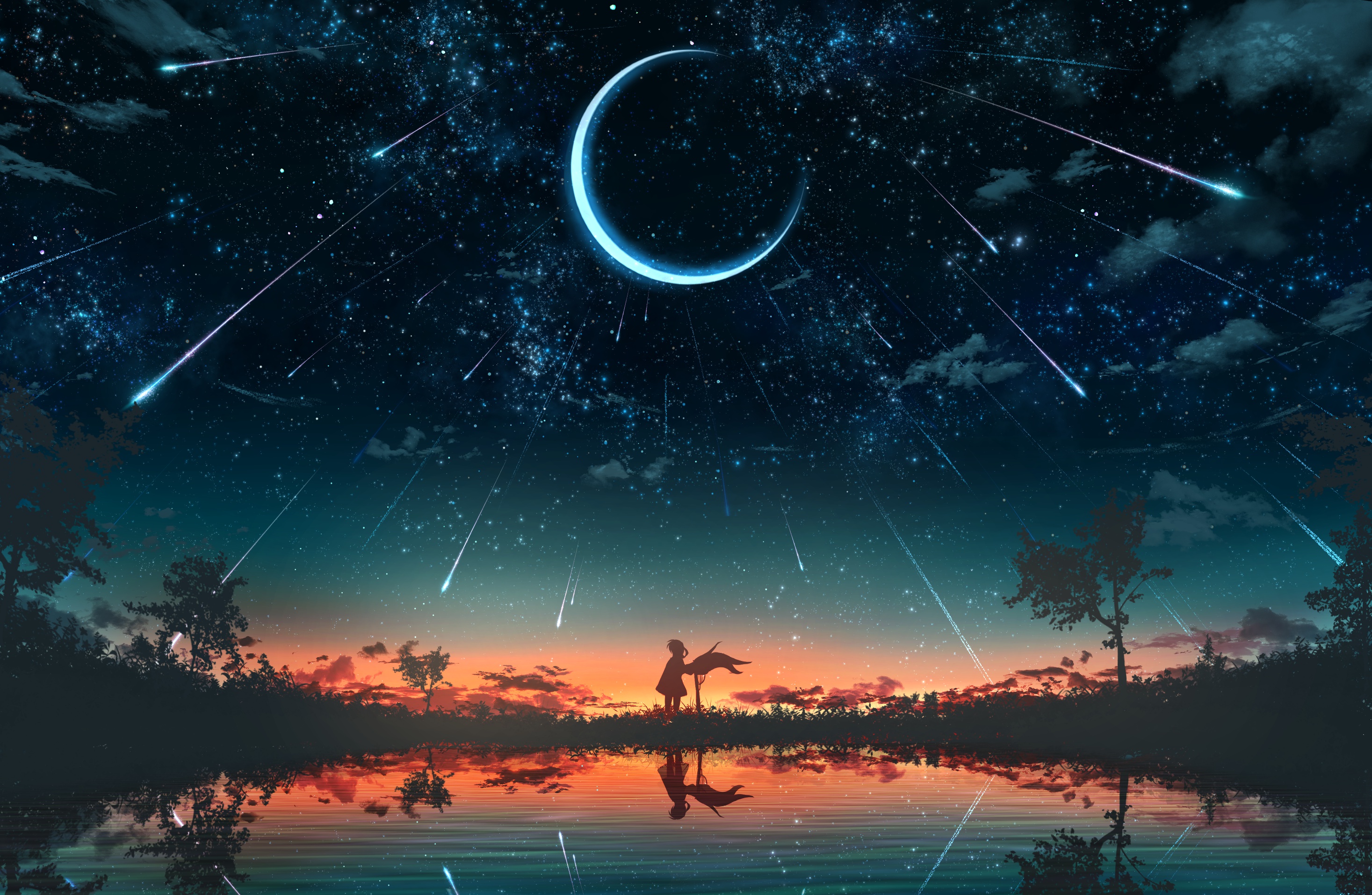 anime, original, crescent, nature, pond, sky, star trail, sunset HD wallpaper