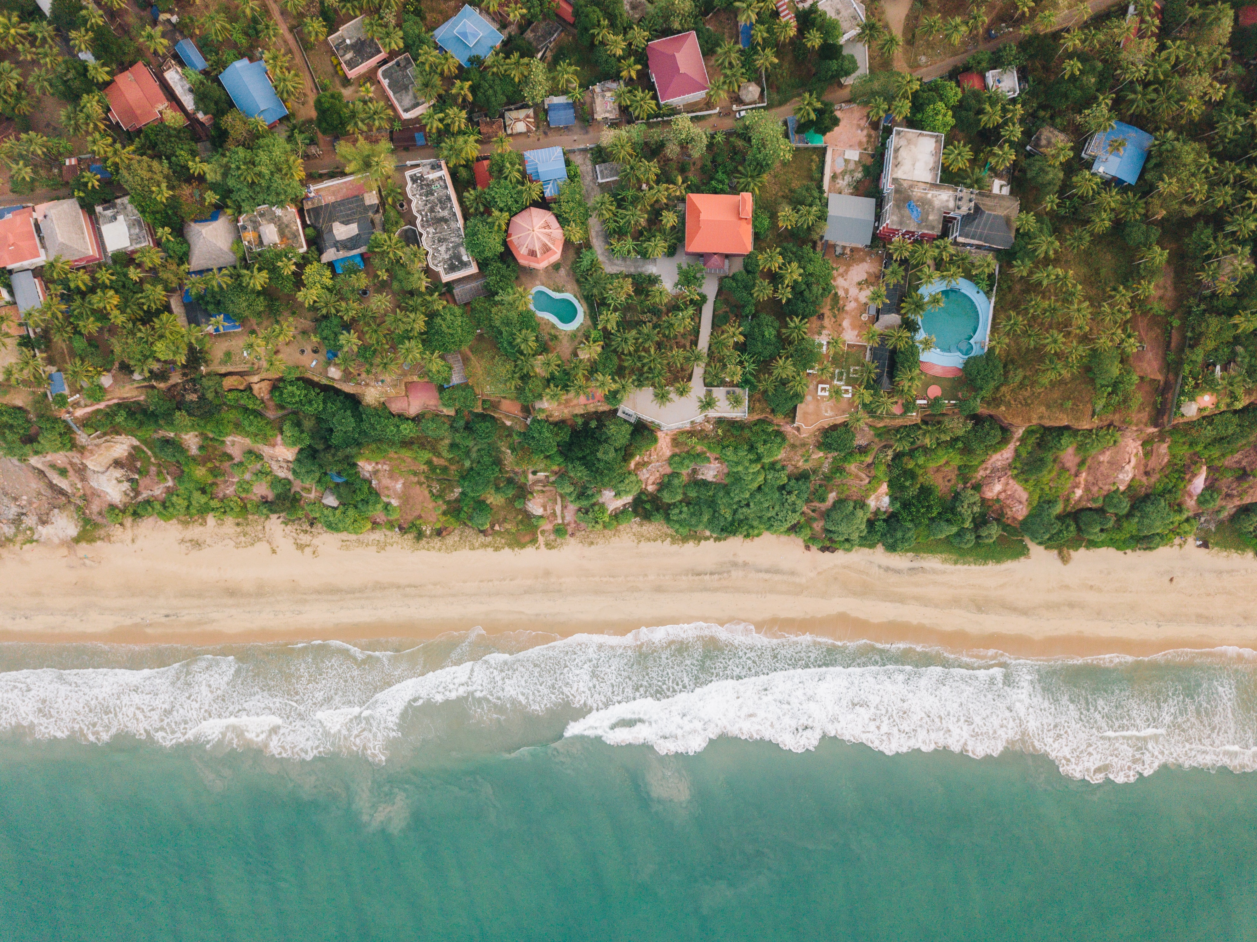 shore, view from above, nature, beach, palms, building, bank 8K