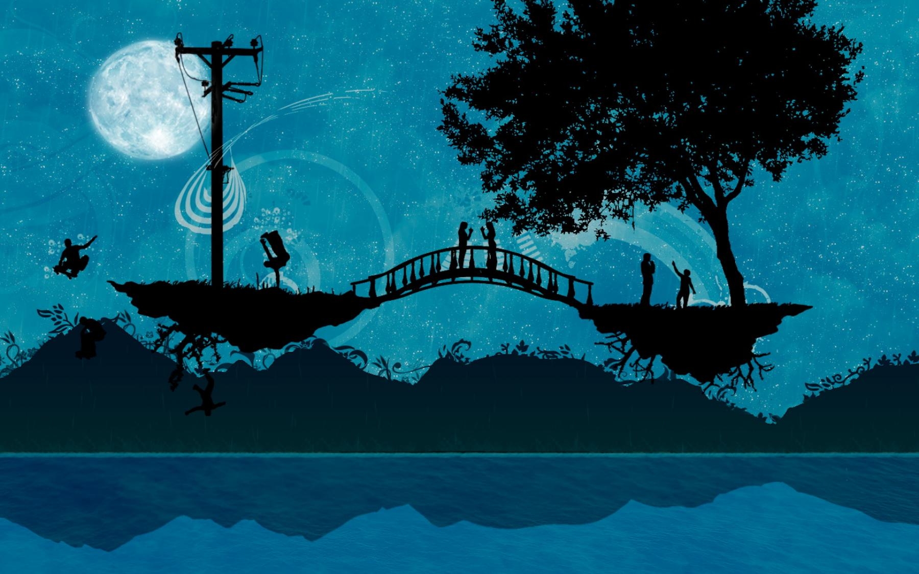 android sea, people, trees, vector, silhouettes, bridge, romance, wires, wire, islands, islets