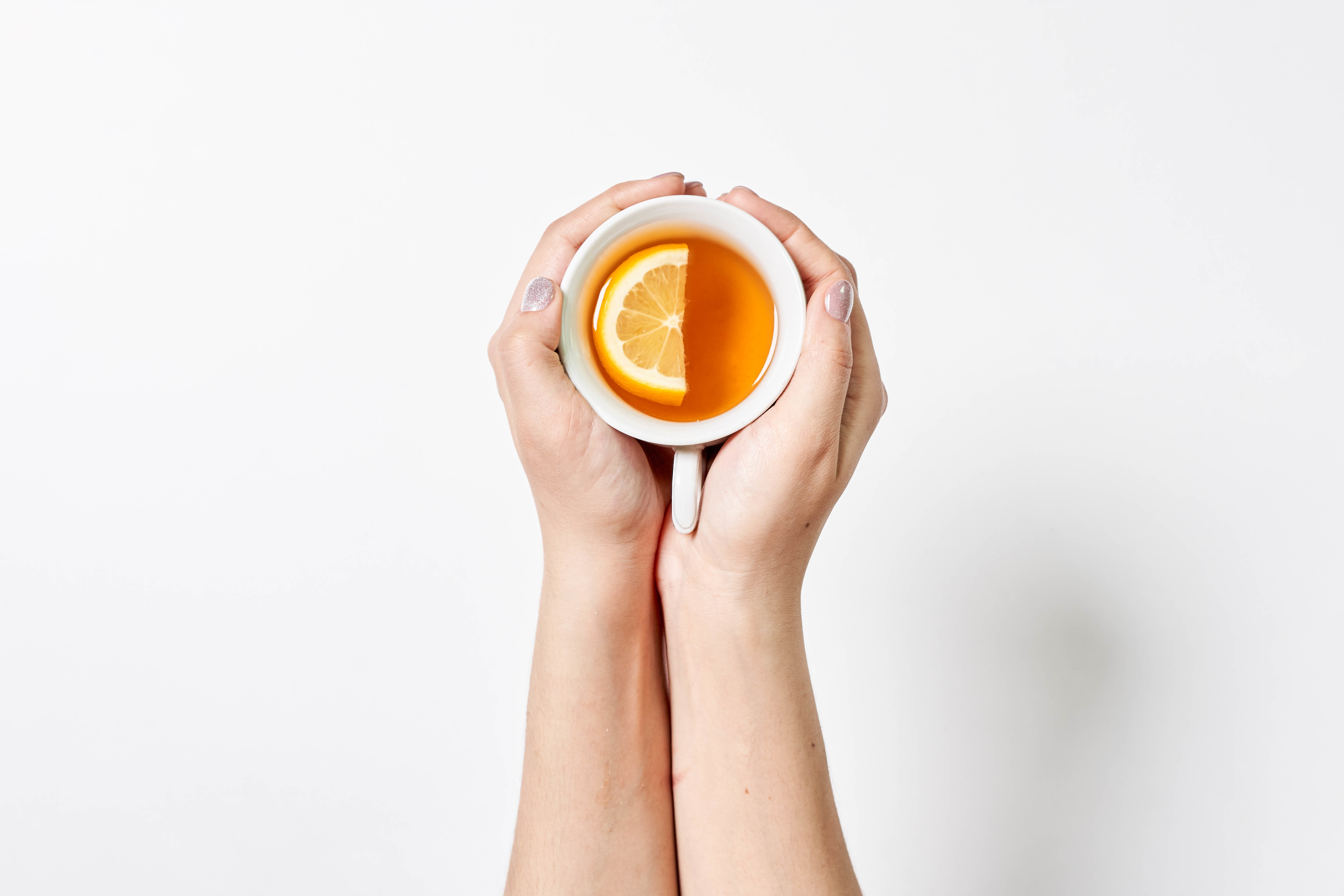 Tea food, hands, lemon, cup 4k Wallpaper