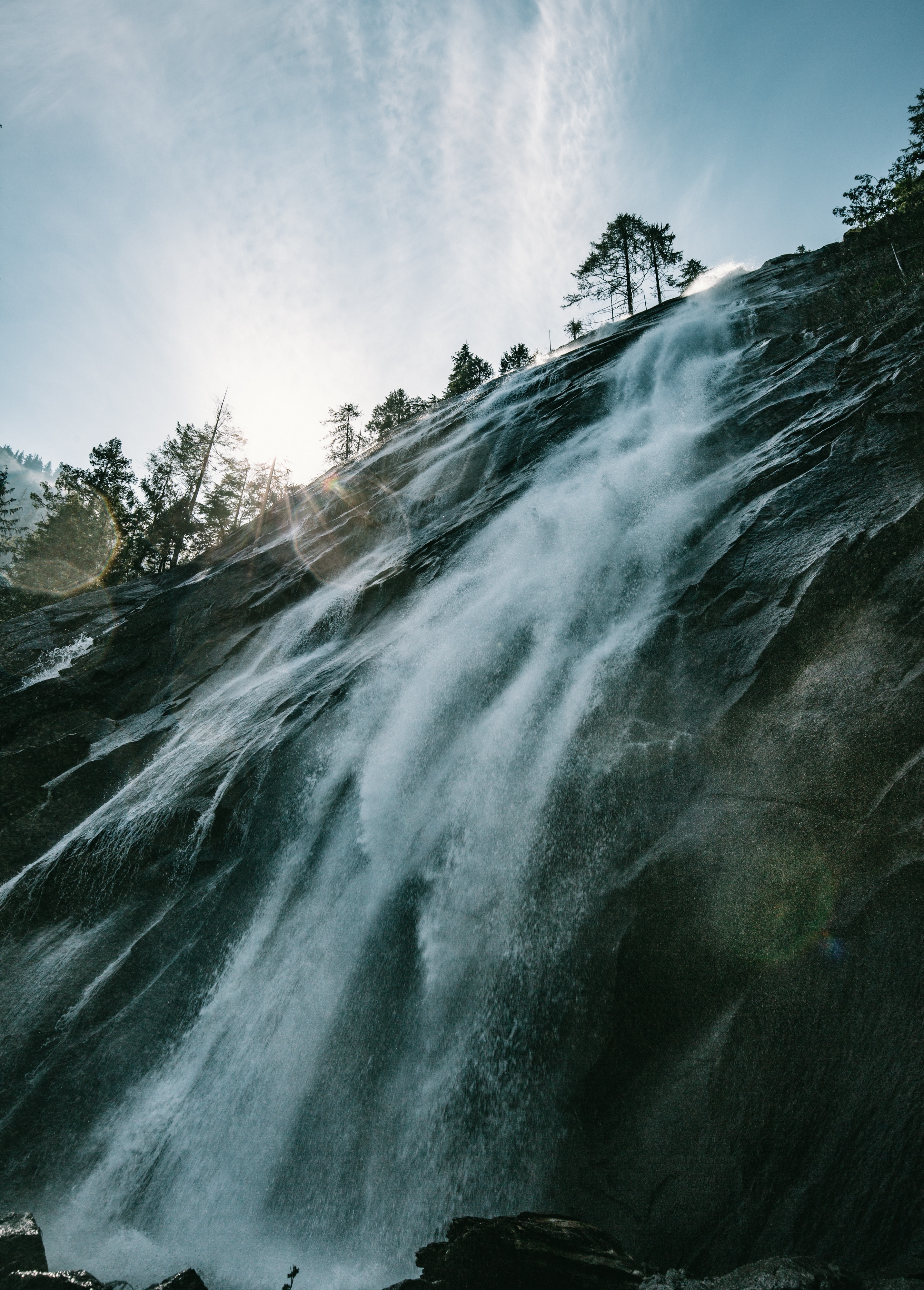nature, trees, glare, waterfall, break, precipice, sunlight 4K