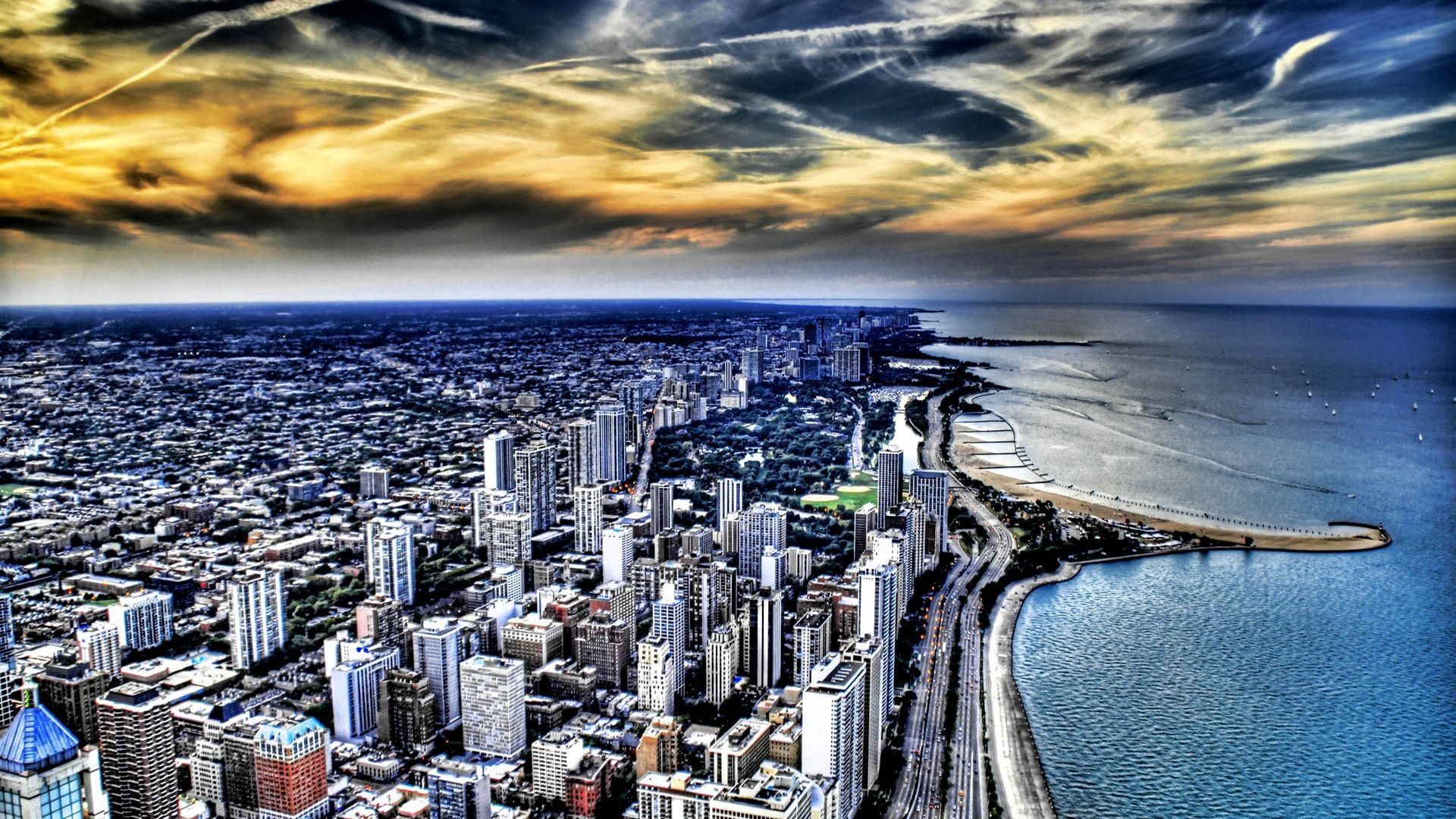shore, chicago, cities, building, view from above, bank, ocean, skyscrapers, hdr Free Stock Photo