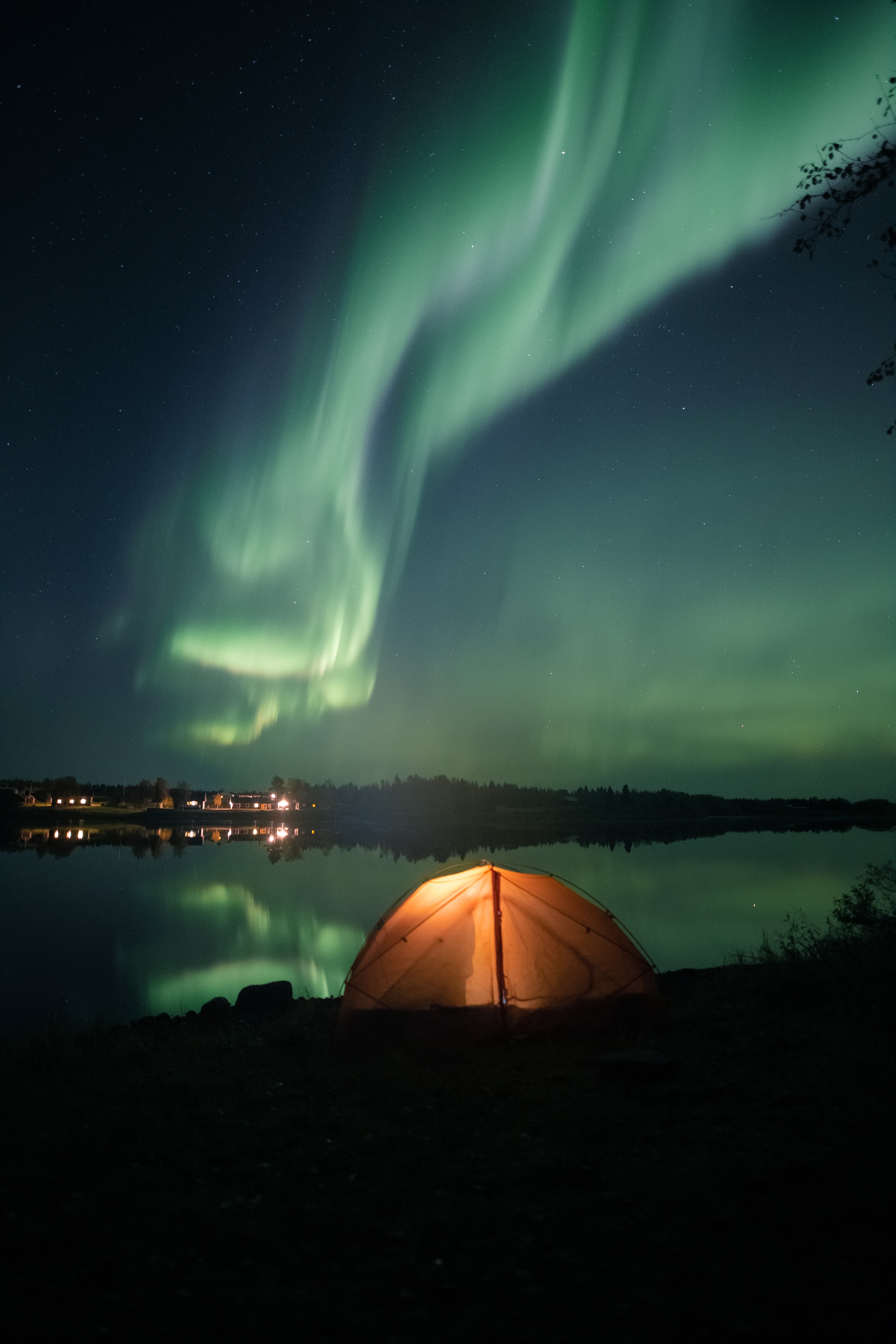 Phone Background northern lights, campsite, lake, aurora borealis